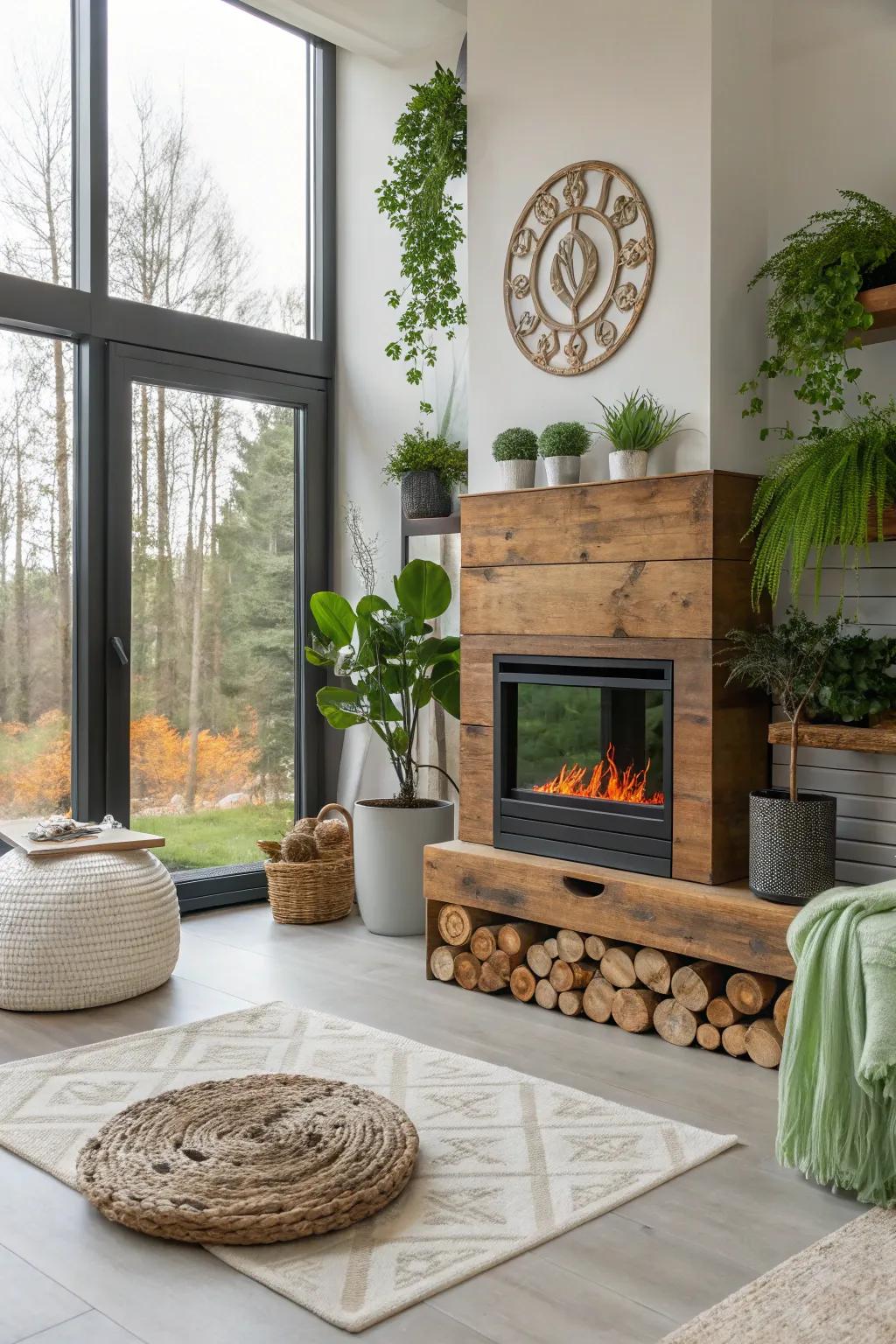 A modern house with an environmentally friendly electric fireplace and sustainable decorations.