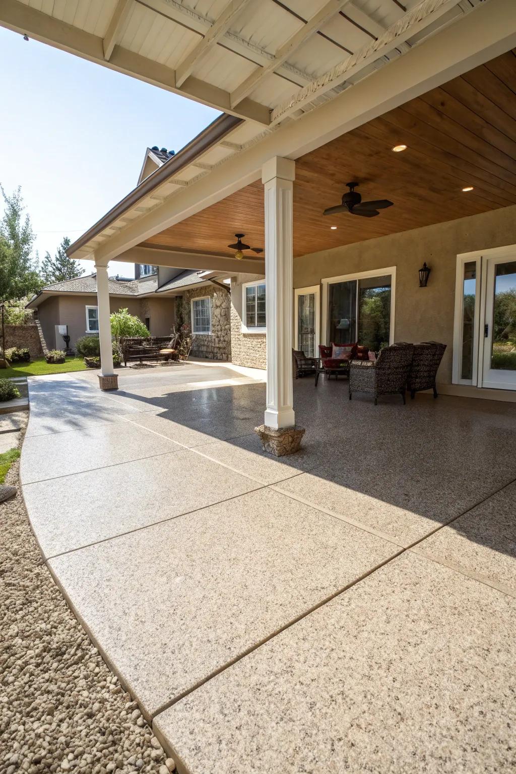 A patio with a wide-open layout for activity and movement.