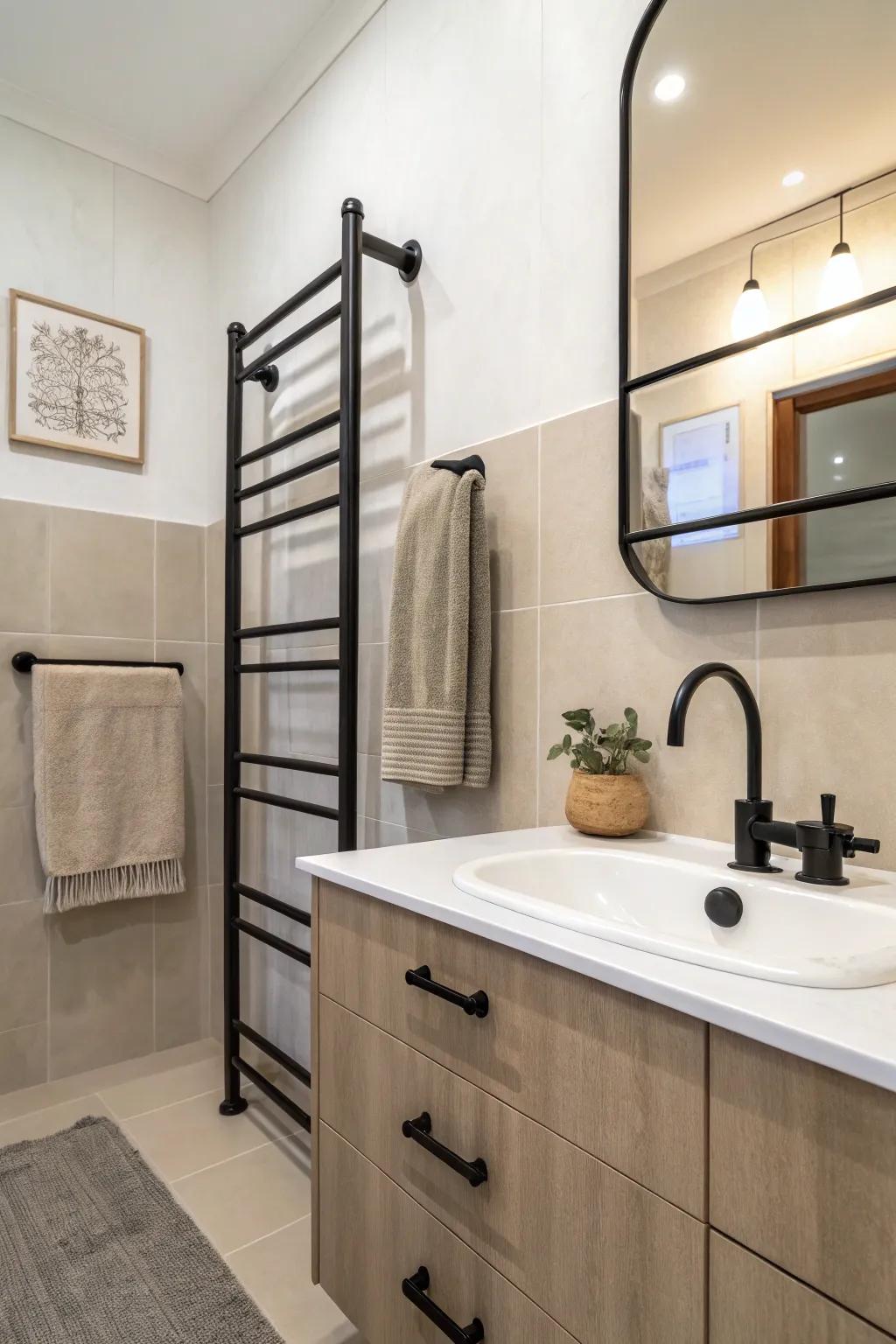Flat dark fixtures present a contemporary comparison in this bathroom.