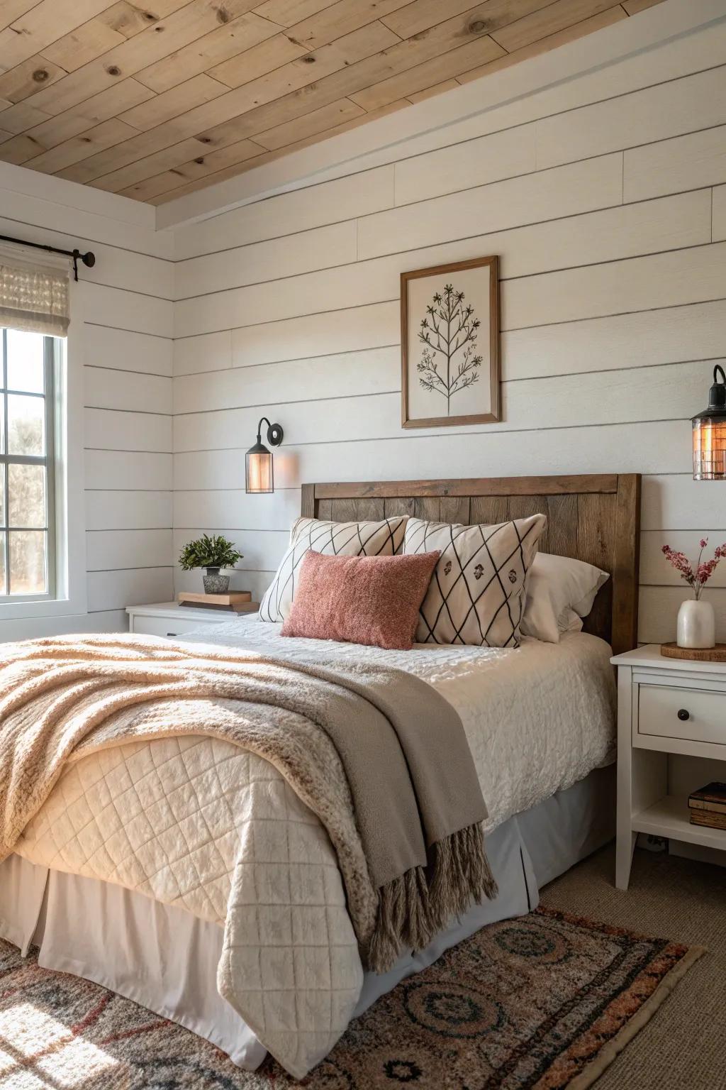 Shiplap accent walls introduce interest and a farmhouse element.