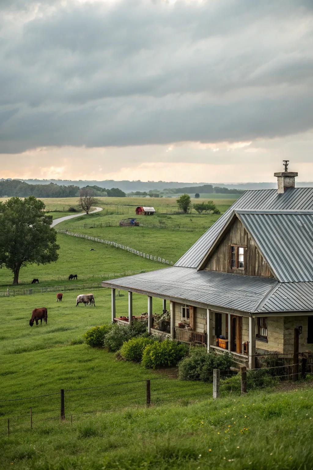 Rural warmth: A farmhouse adorned with a classic ribbed metal roof.