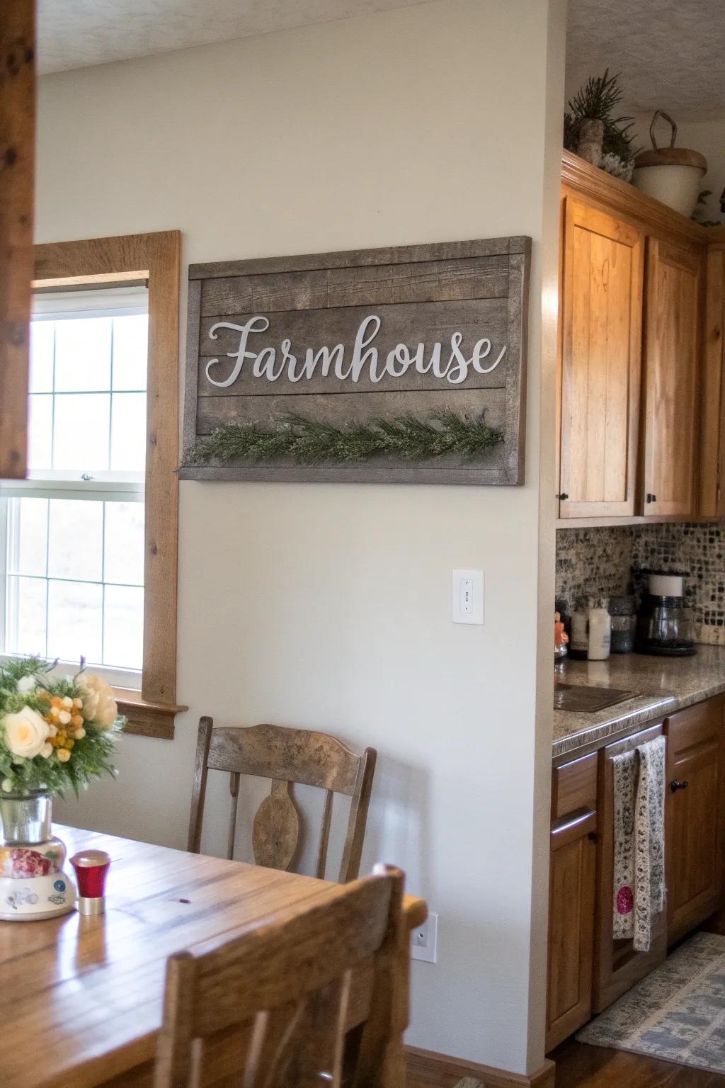Custom farmhouse notice in a snug culinary space.