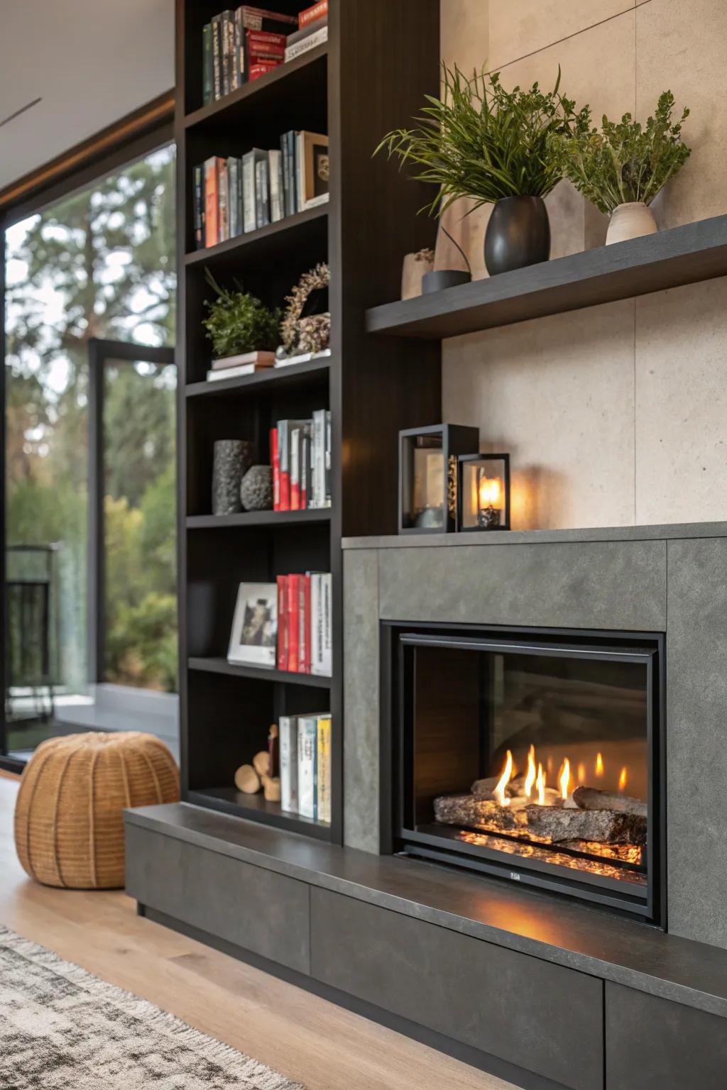 A modern fireplace featuring integrated shelving.