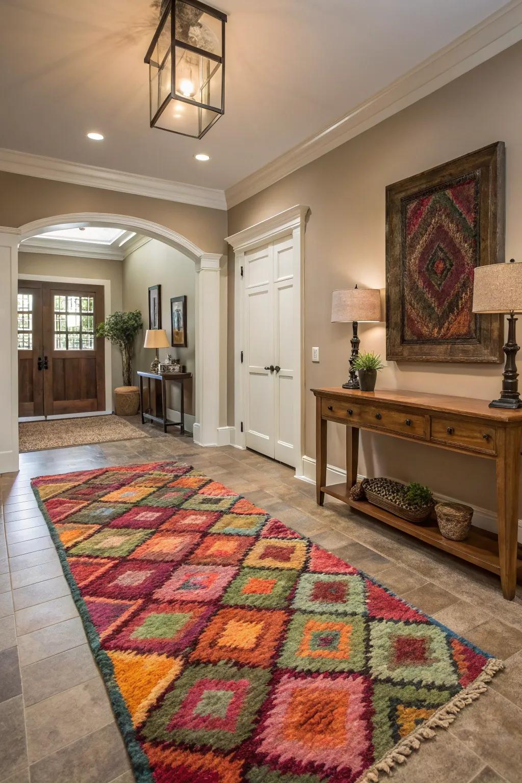 An elegant floor covering introduces texture and warmth to this contemporary entrance hall.