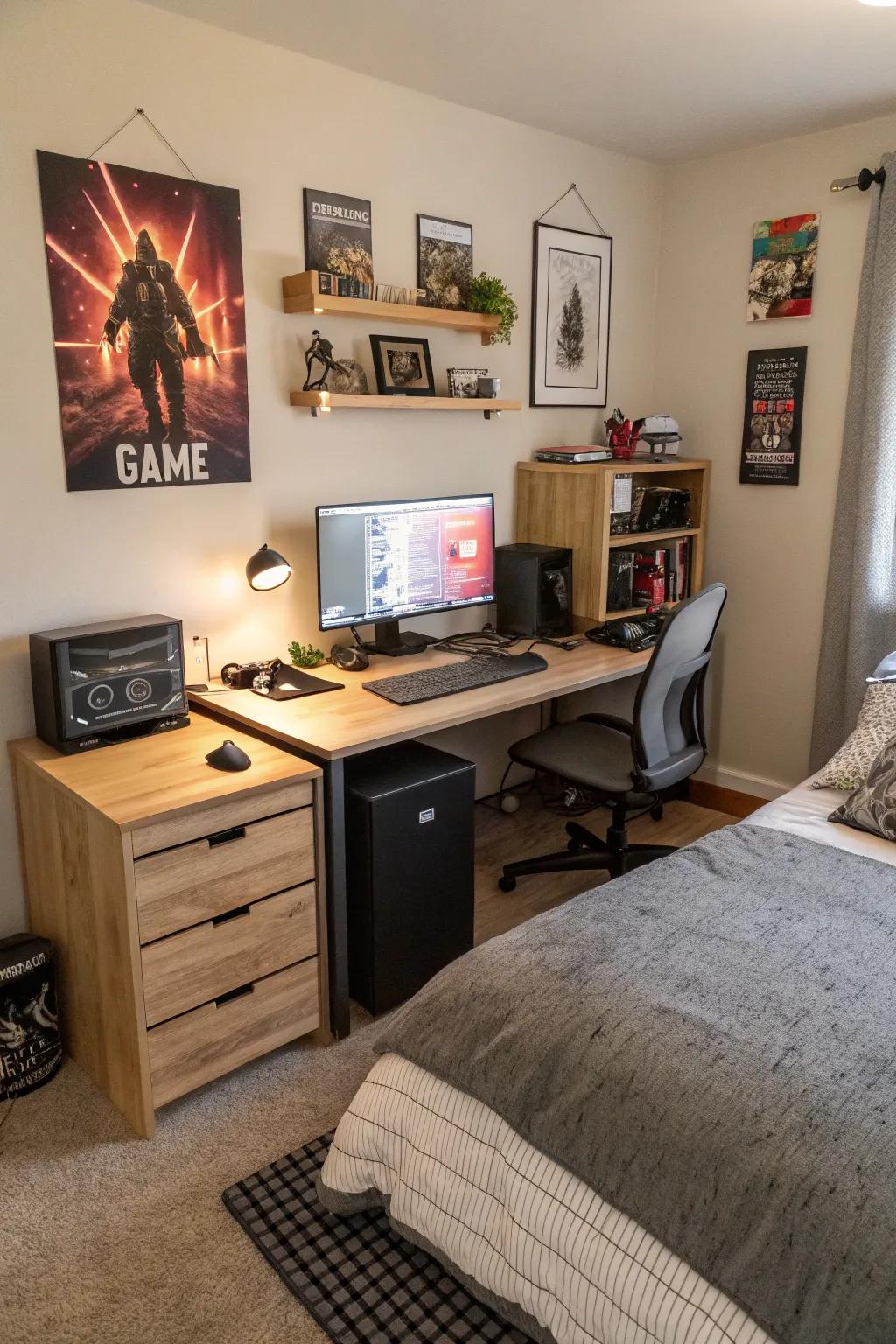 A sleeping quarters with a multi-functional desk for both gaming and work.