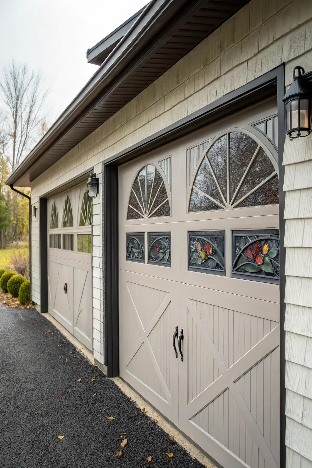 Distinct window styles append architectural fascination to garage doors.