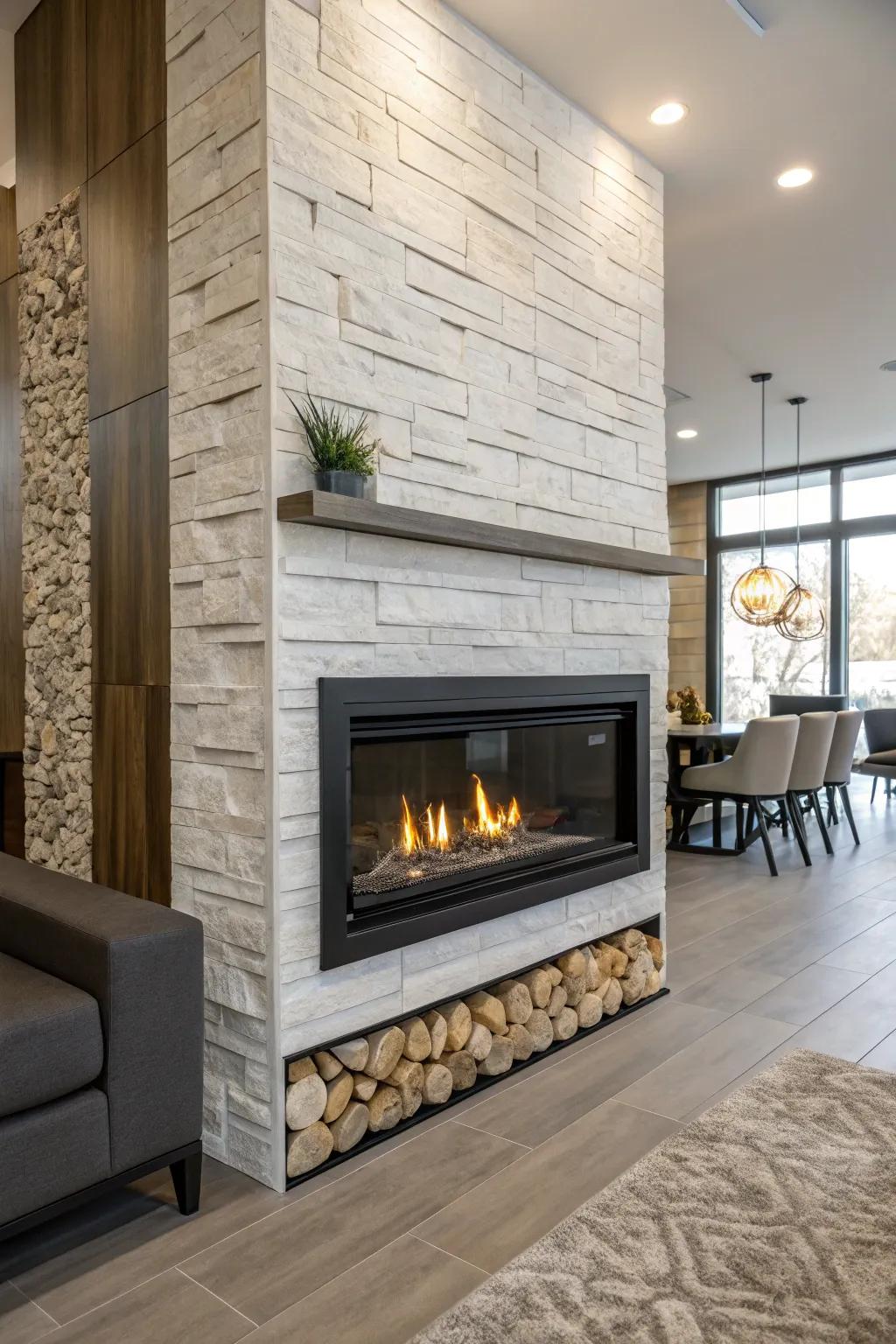Textured wall finishes making a sophisticated backdrop for a gas fireplace.