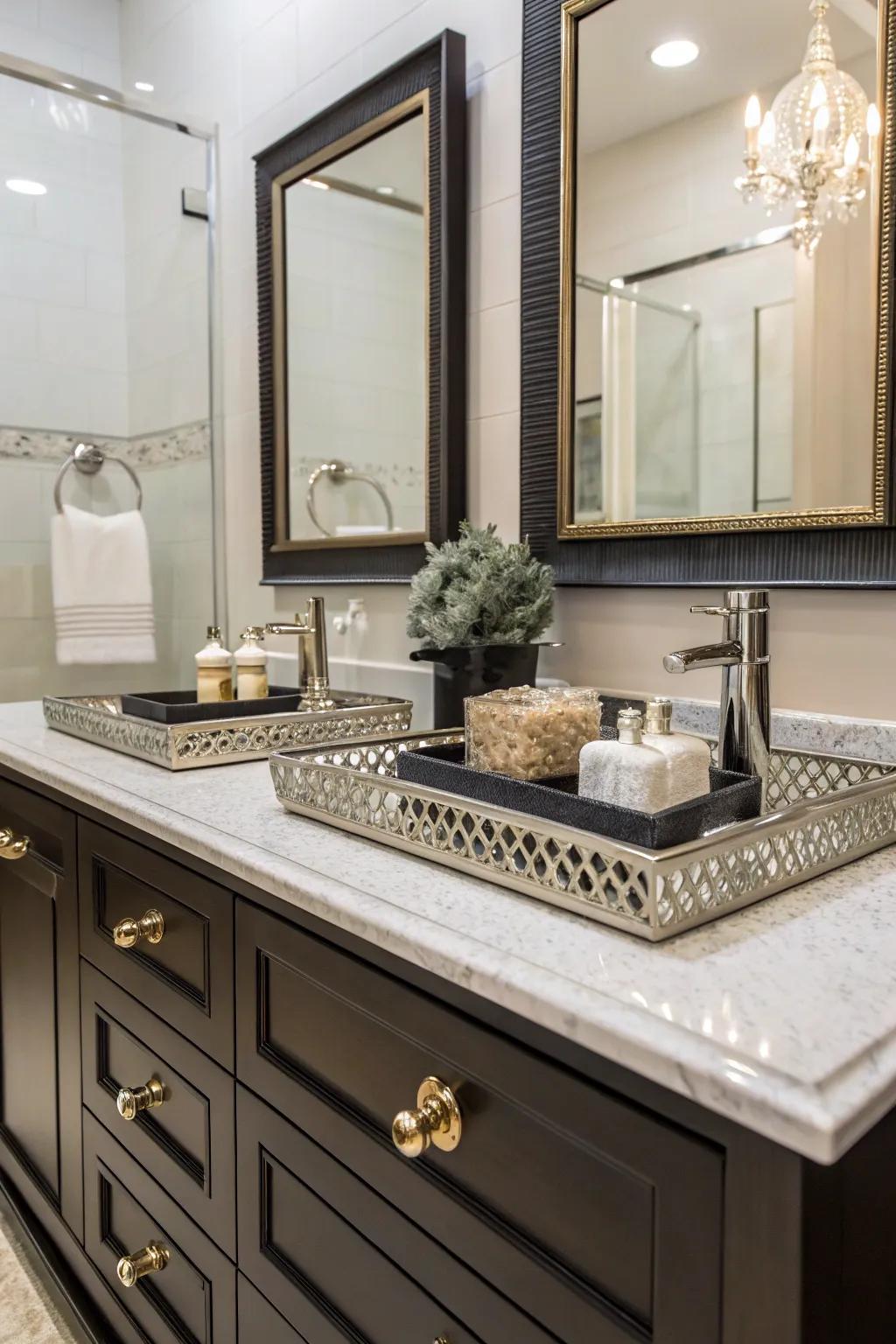 An opulent personal care space via elegant hardware and chic accessories.