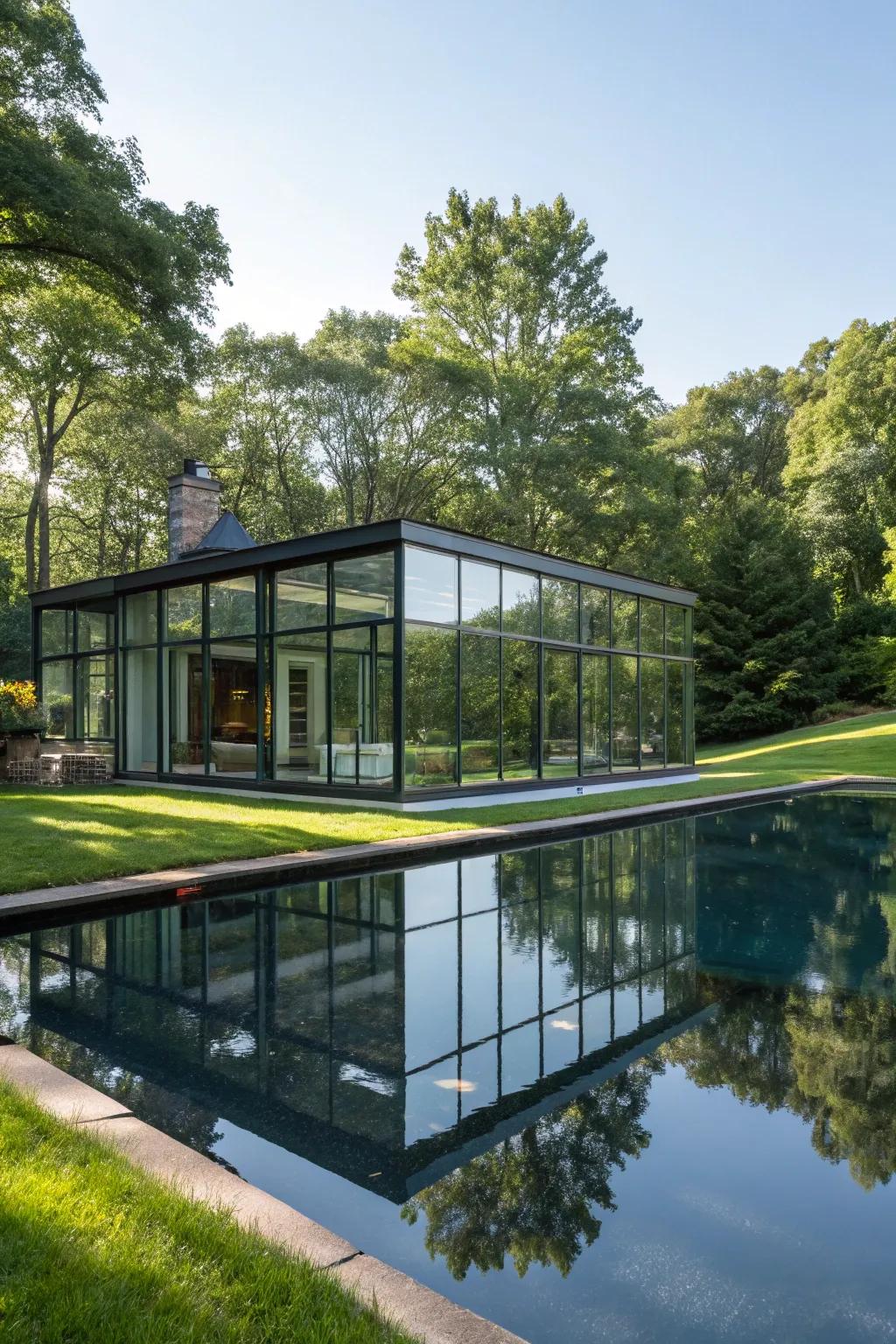 Reflective exteriors creating symmetry and dimension.