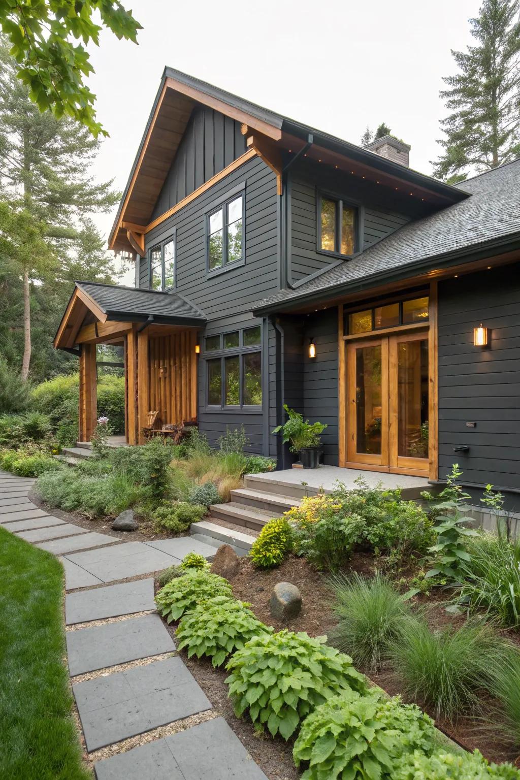 Deep grey and toasty wood shades for a textured, inviting facade.