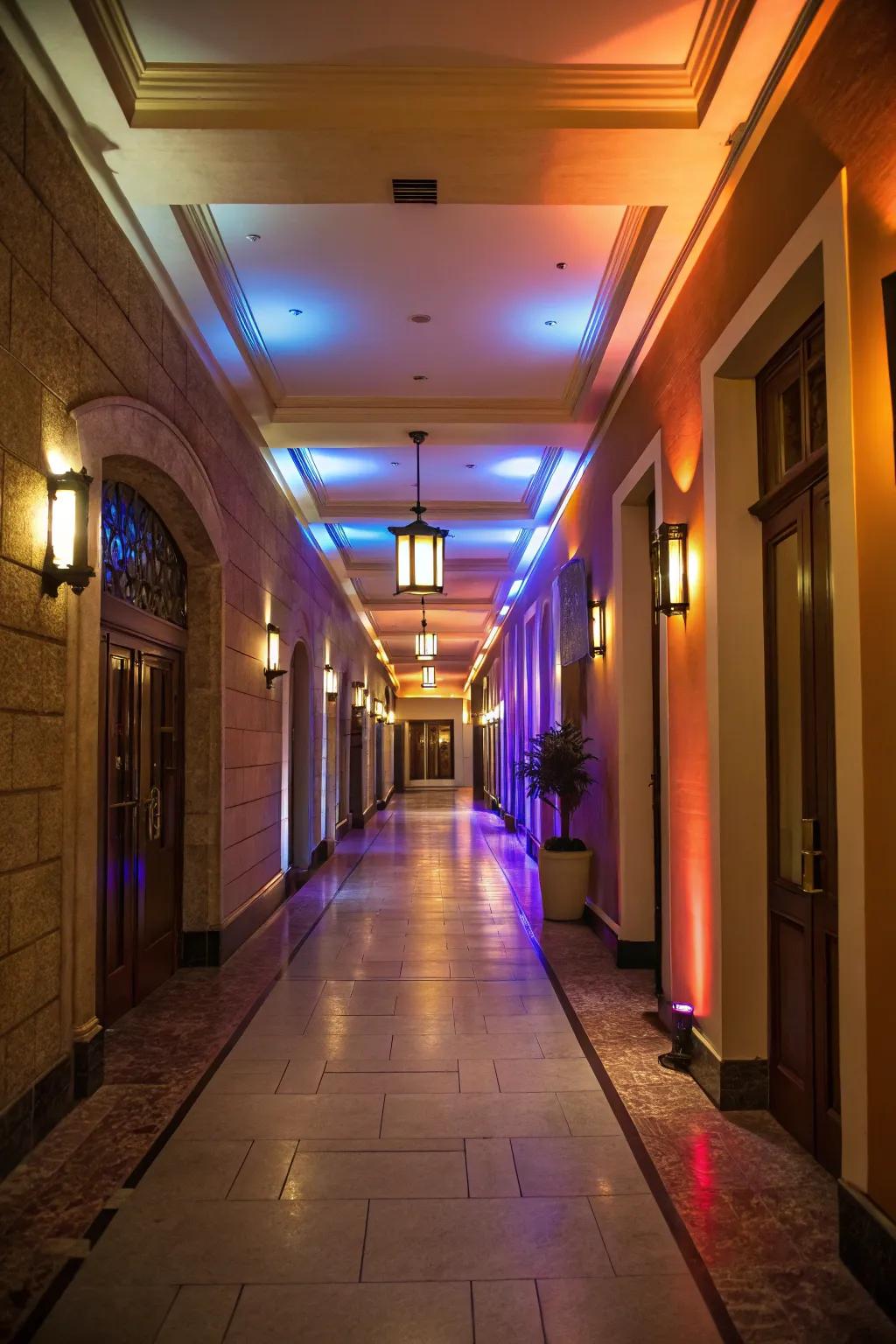 Mixing warm and cool shades creates a lively hallway environment.