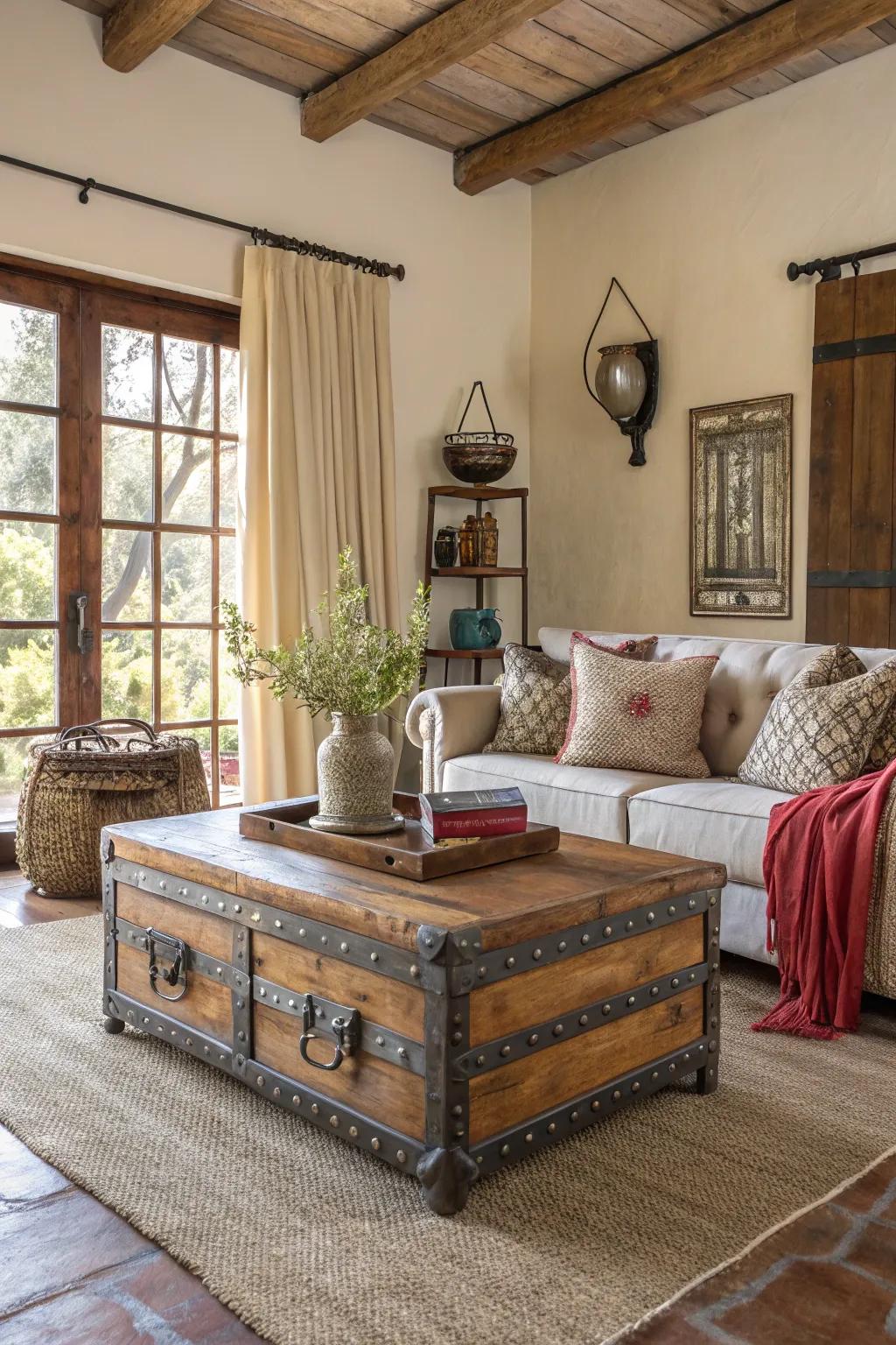 A layered living space featuring rich surfaces and materials.