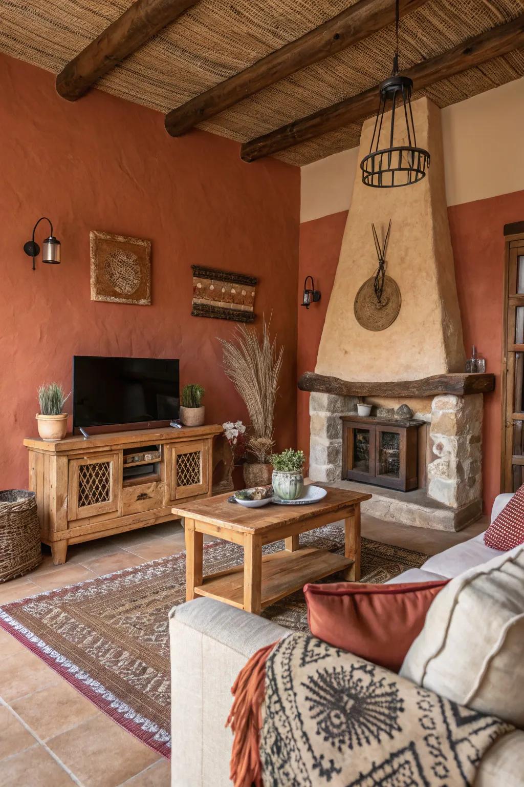 Clay walls add rustic charm and warmth to this inviting living area.