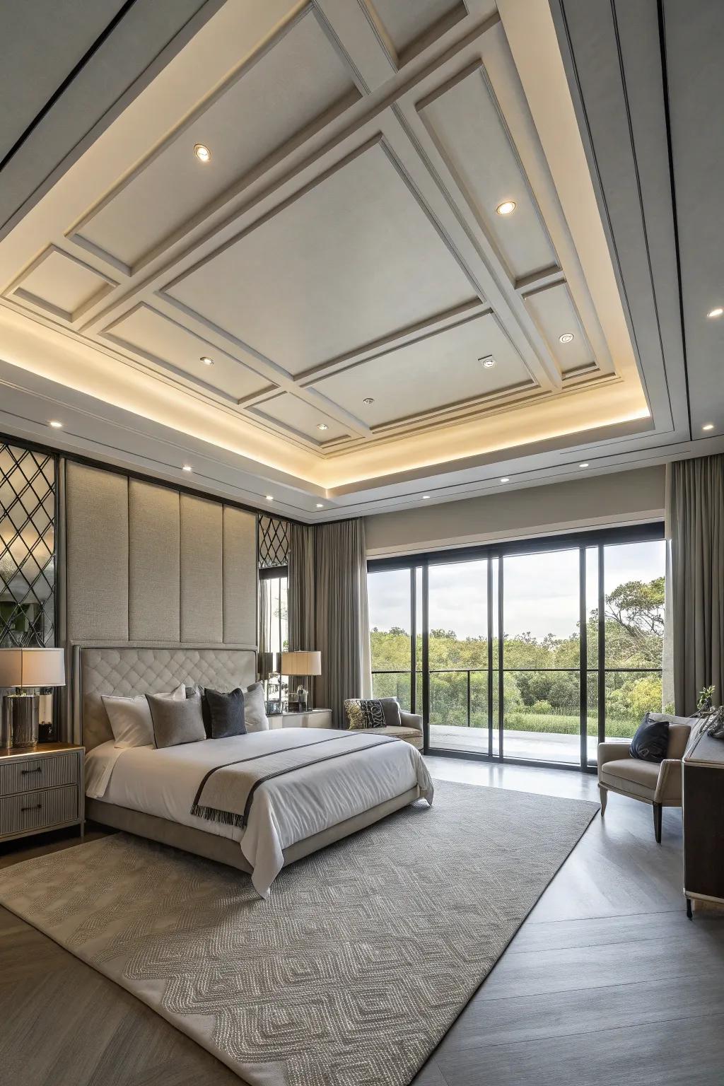 Structural details accentuate the contemporary aesthetic of this bedroom.