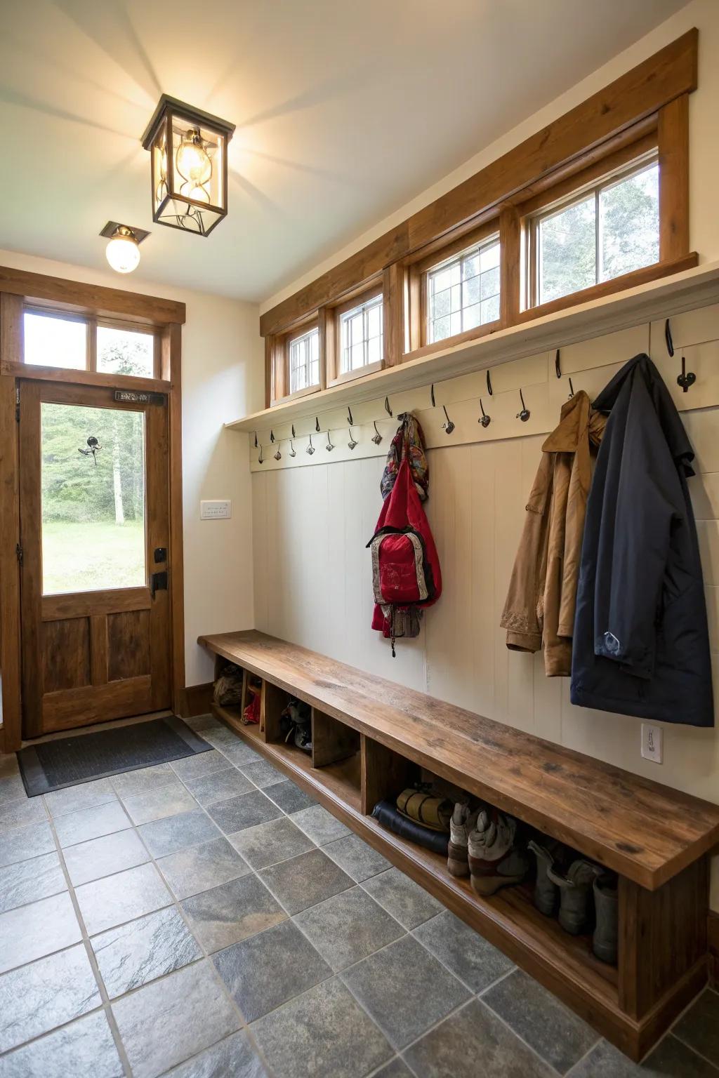 The mudroom is brightened by both natural and overhead lighting.