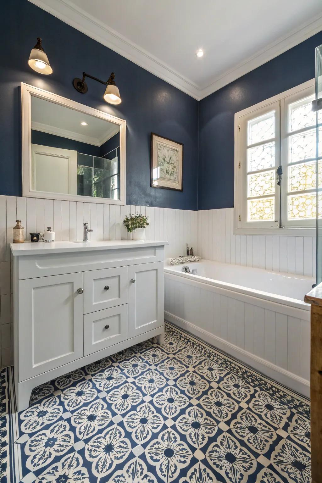 Designed flooring injects texture into a deep sea blue bathroom.