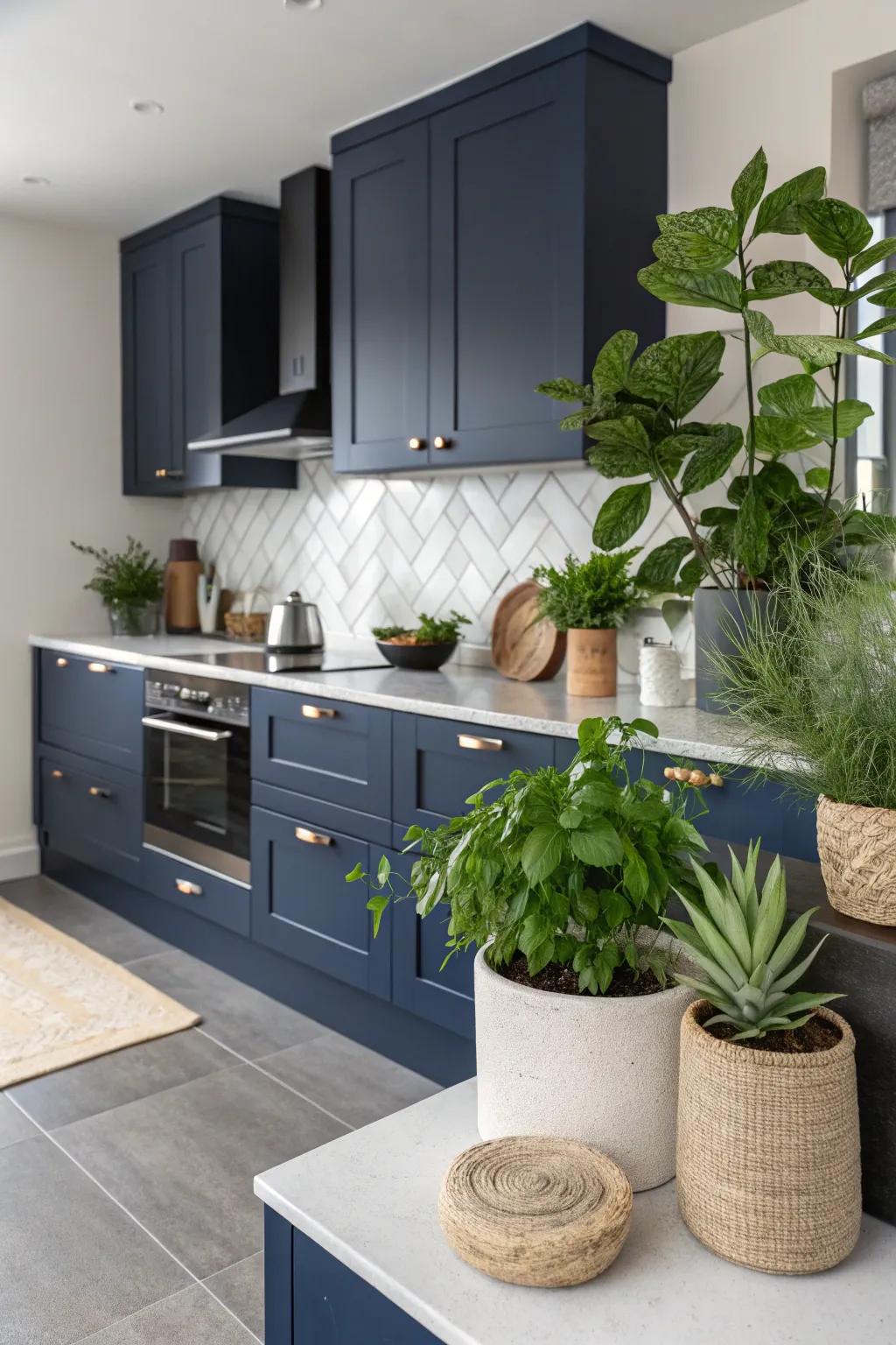 Verdant features introduce an invigorating juxtaposition to the profound tonalities of deep sea cabinets.