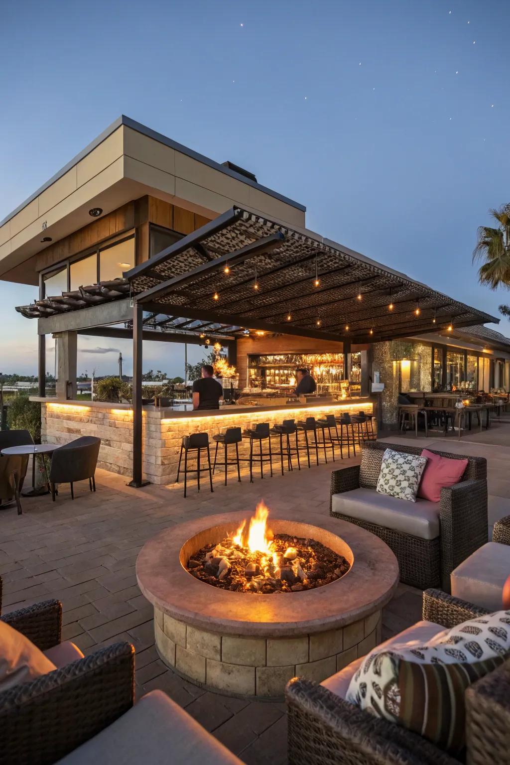 A welcoming fire pit enhances the appeal of this outdoor bar.