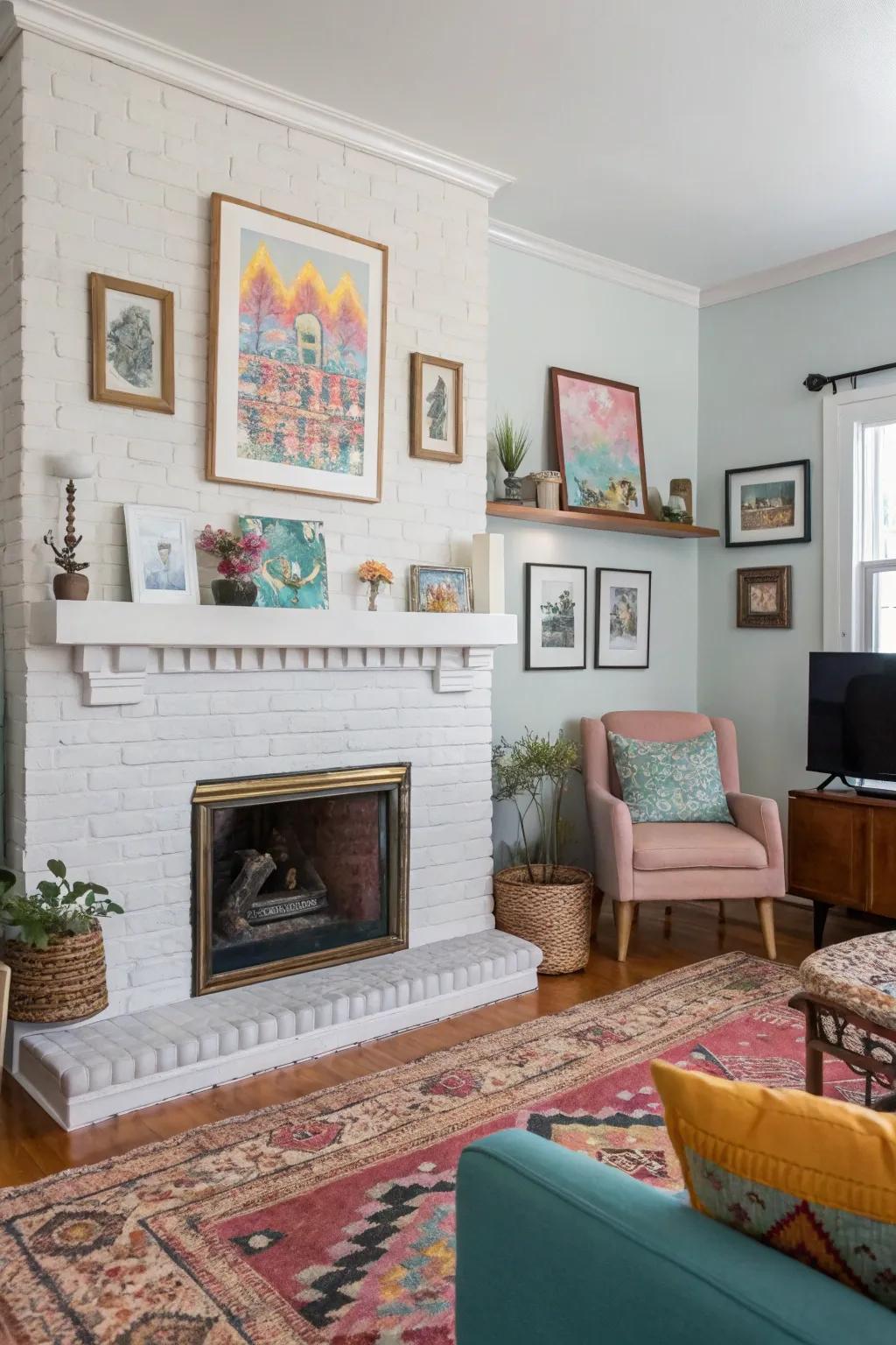 Artistry above a painted brick fireplace contributes a personal impression.
