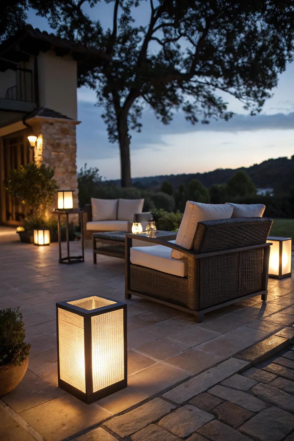 Subtle lighting elevates evening patio atmosphere.