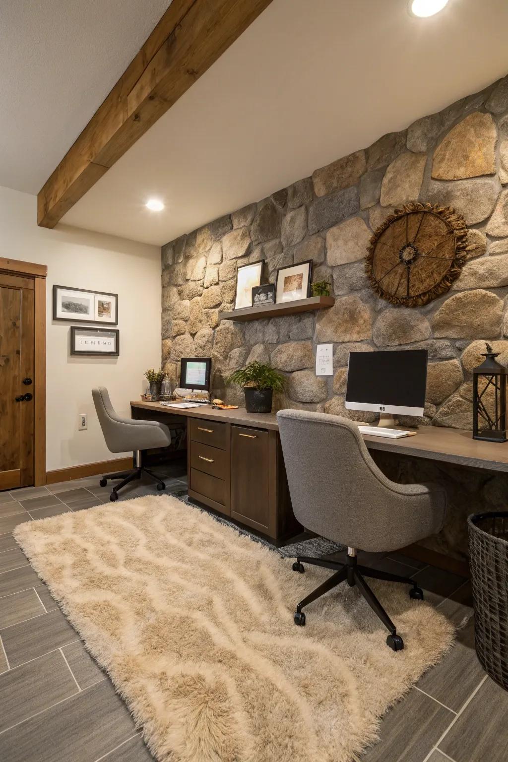 Textured features contribute dimension and richness to a rustic office design.
