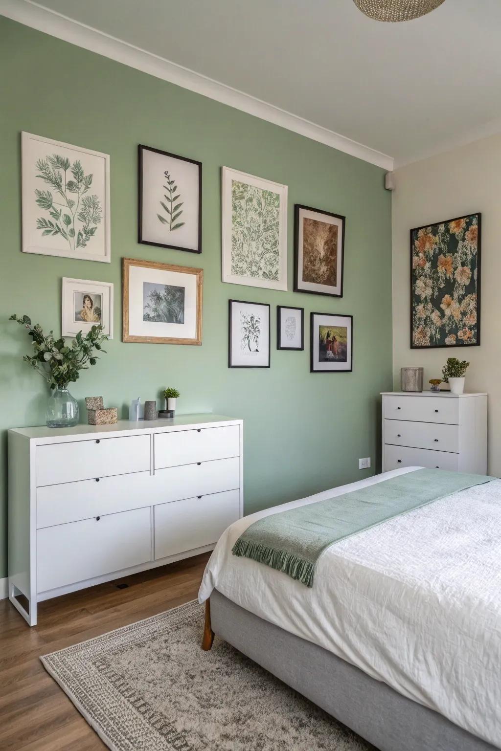 Sage green gallery art enhances the room's tranquility and design.
