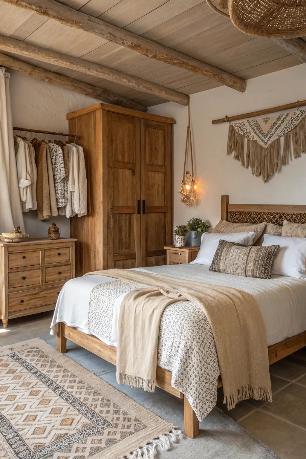Natural materials add texture and warmth to a modern-vintage bedroom.