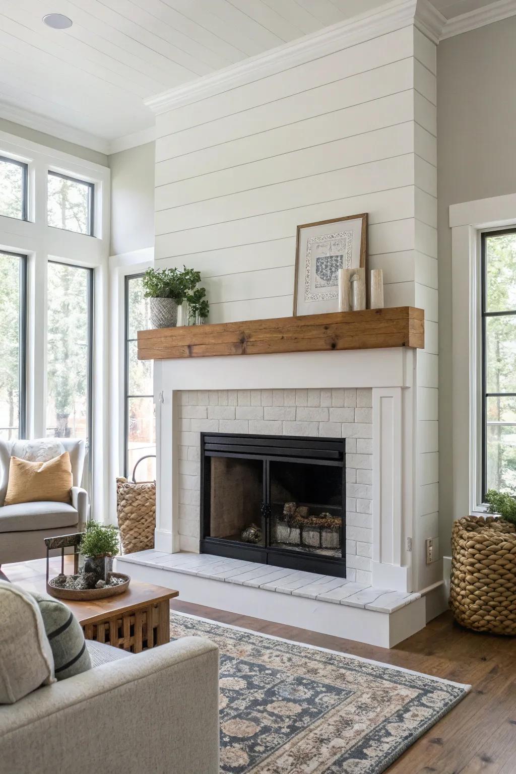 A shiplap fireplace with a simple suspended ledge.