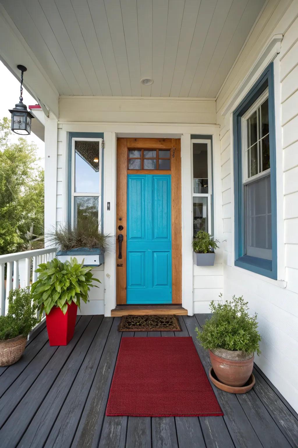 A small front porch utilizing opposing colors and materials to enhance its design.