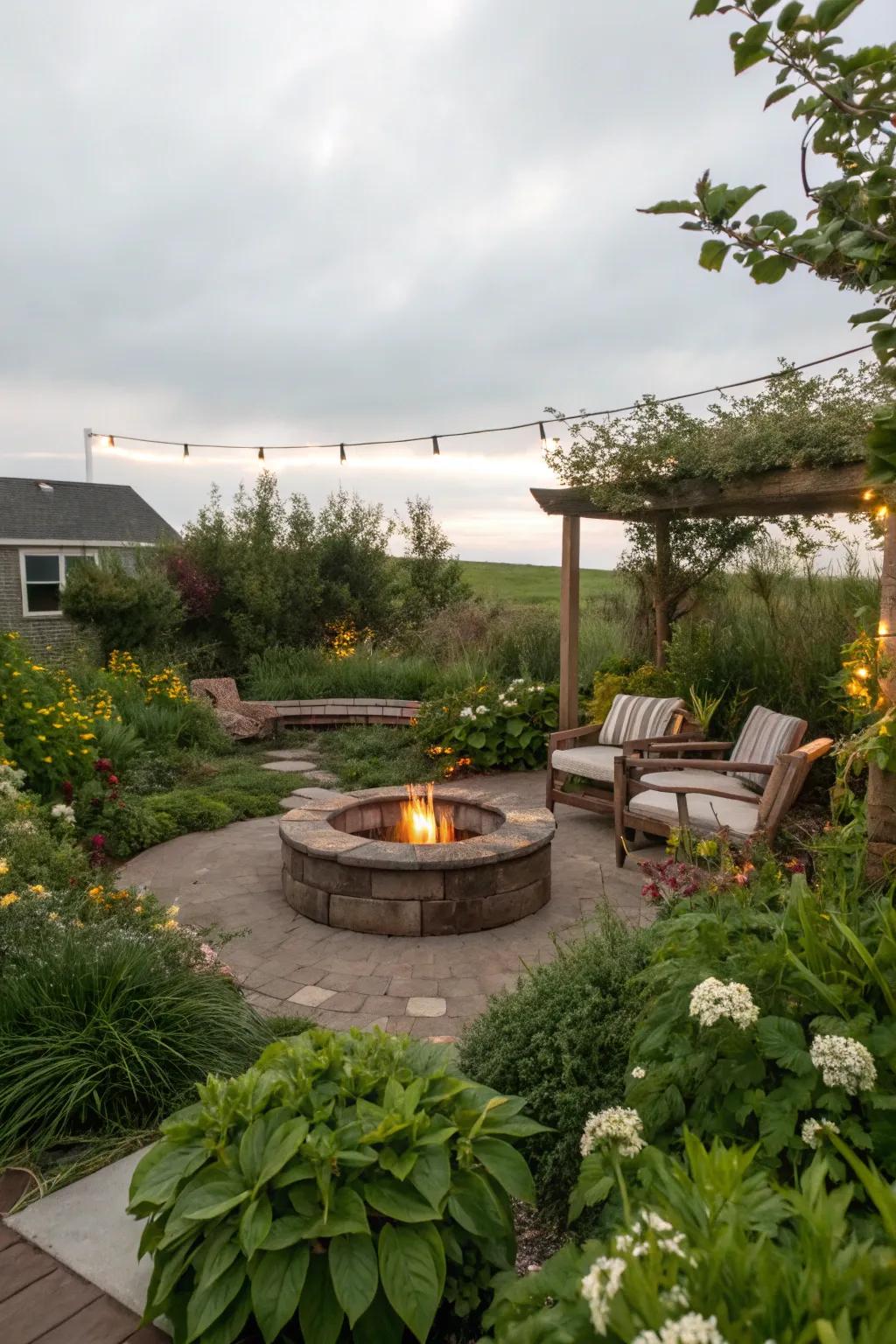 A fire pit giving a warm center point in a small garden.