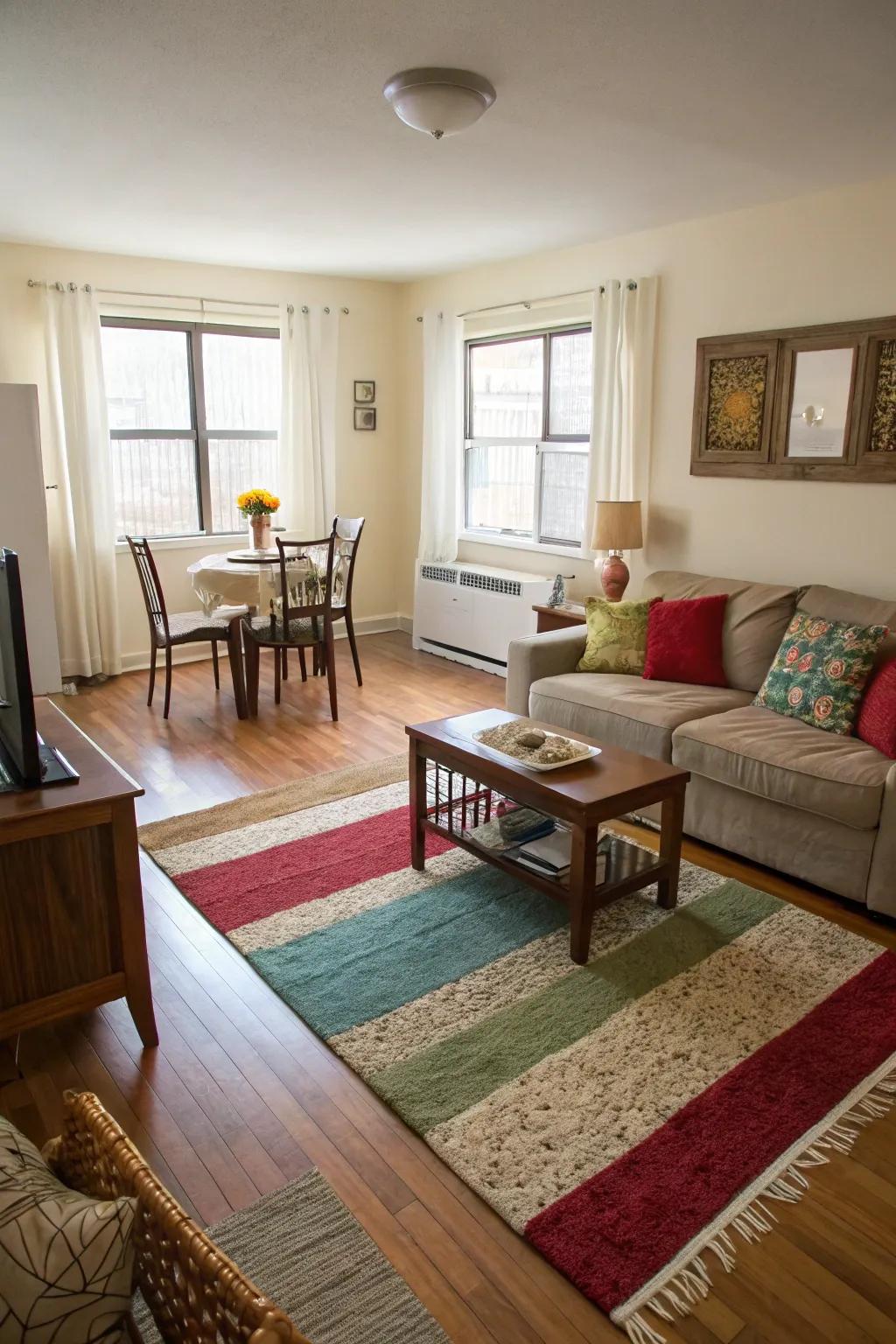 A studio where rugs help define and separate the living and dining spaces.