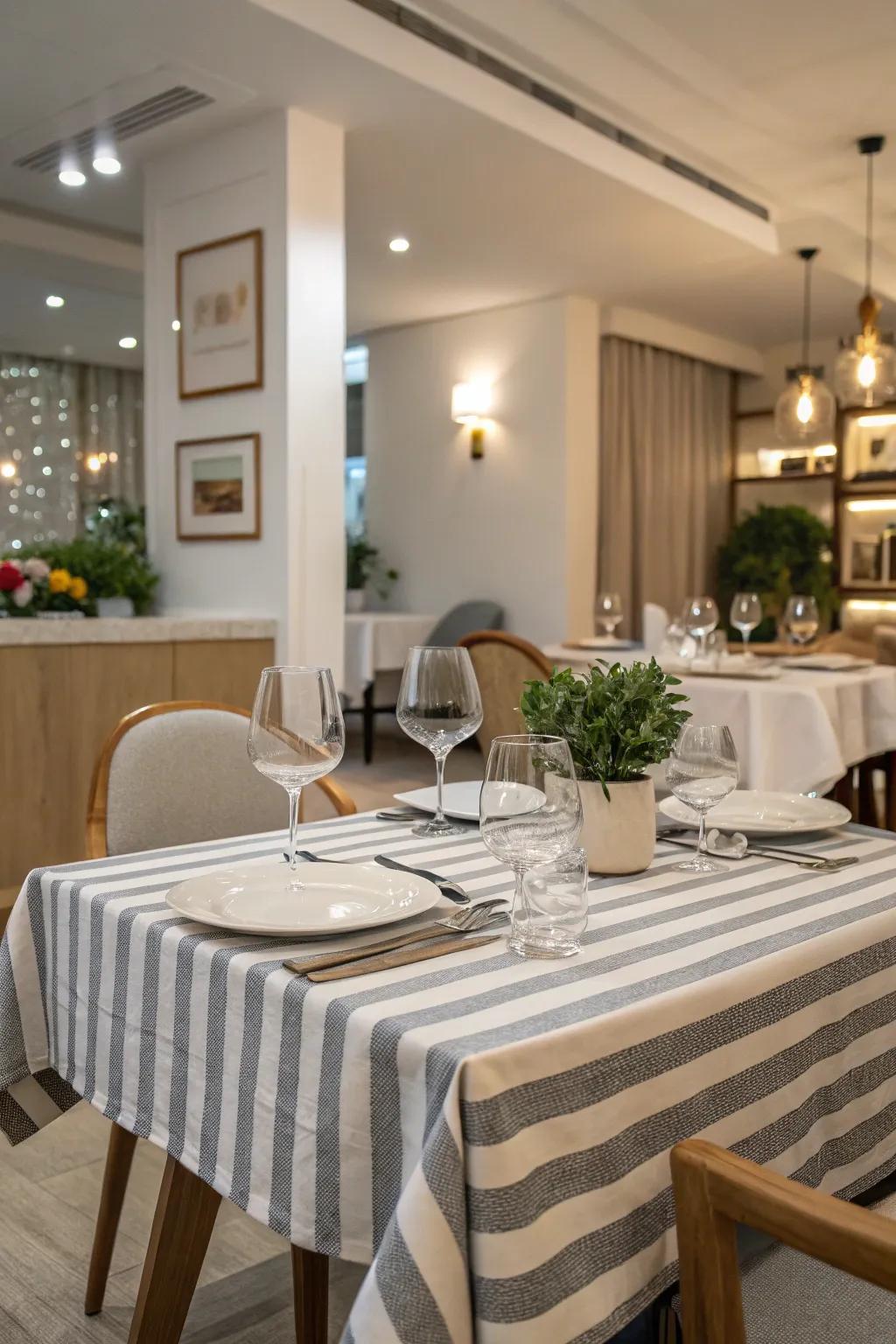 Any dining area is made more elegant with striped table coverings.