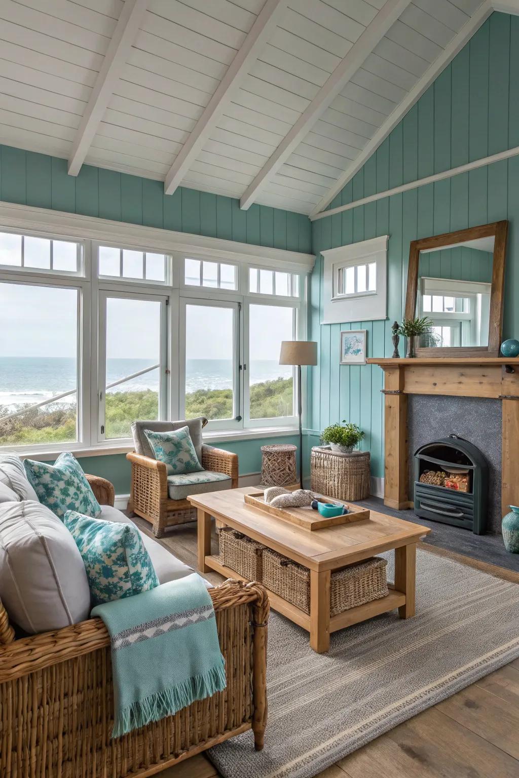 Teal and grey are combined with natural components to cultivate a coastal theme.
