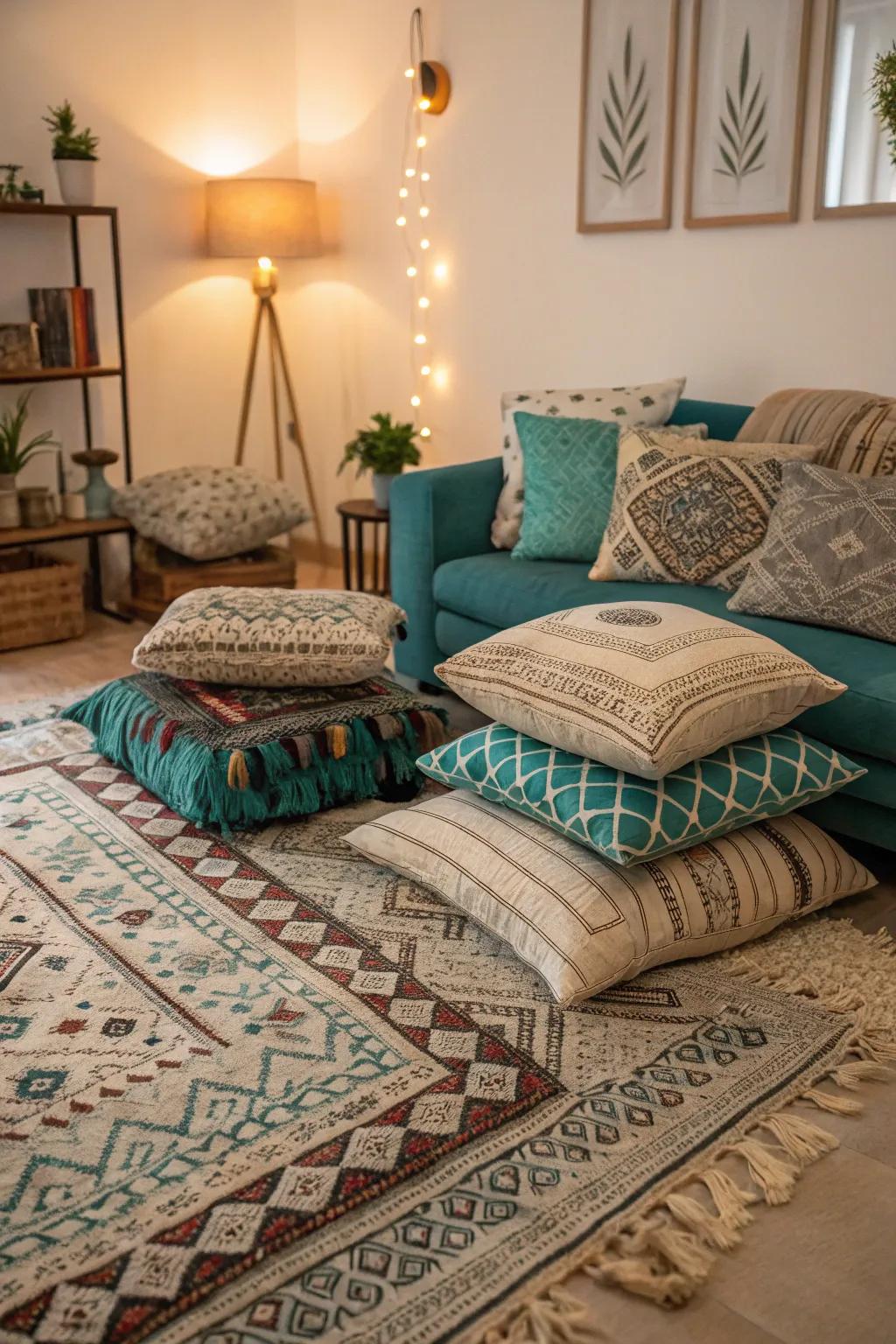 Layered textiles enrich the atmosphere of this inviting living space.