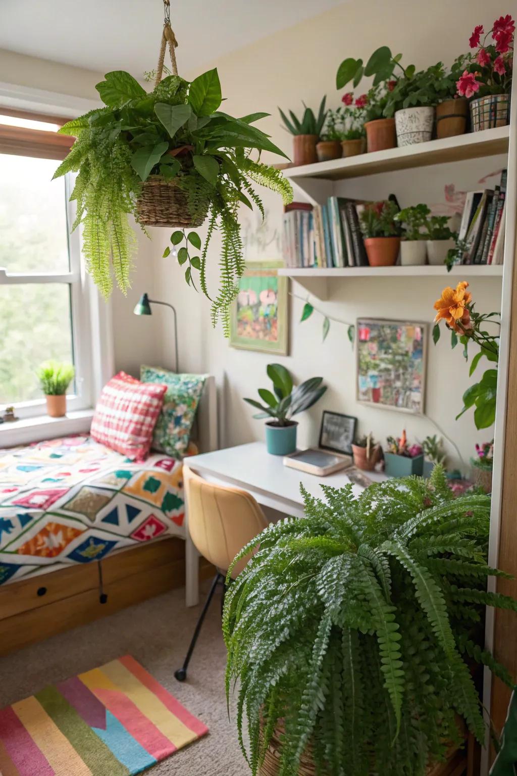 Houseplants enhance the freshness and vibe of the space.