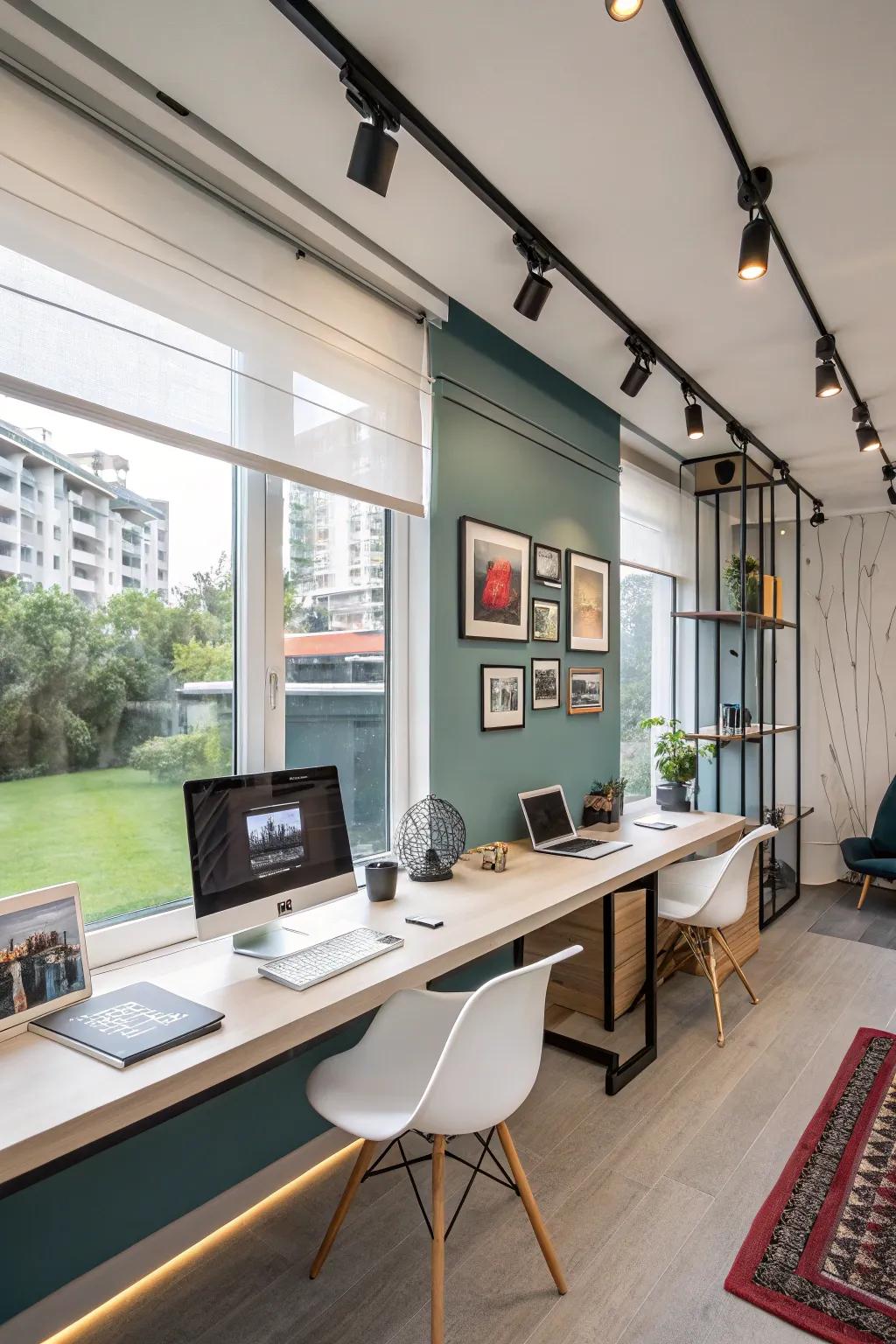 Tech-savvy workspace featuring smart track lighting.