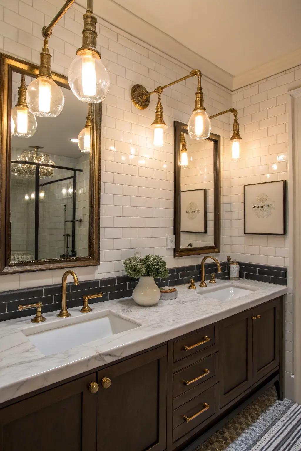 Vintage meets modern in bathroom lighting.