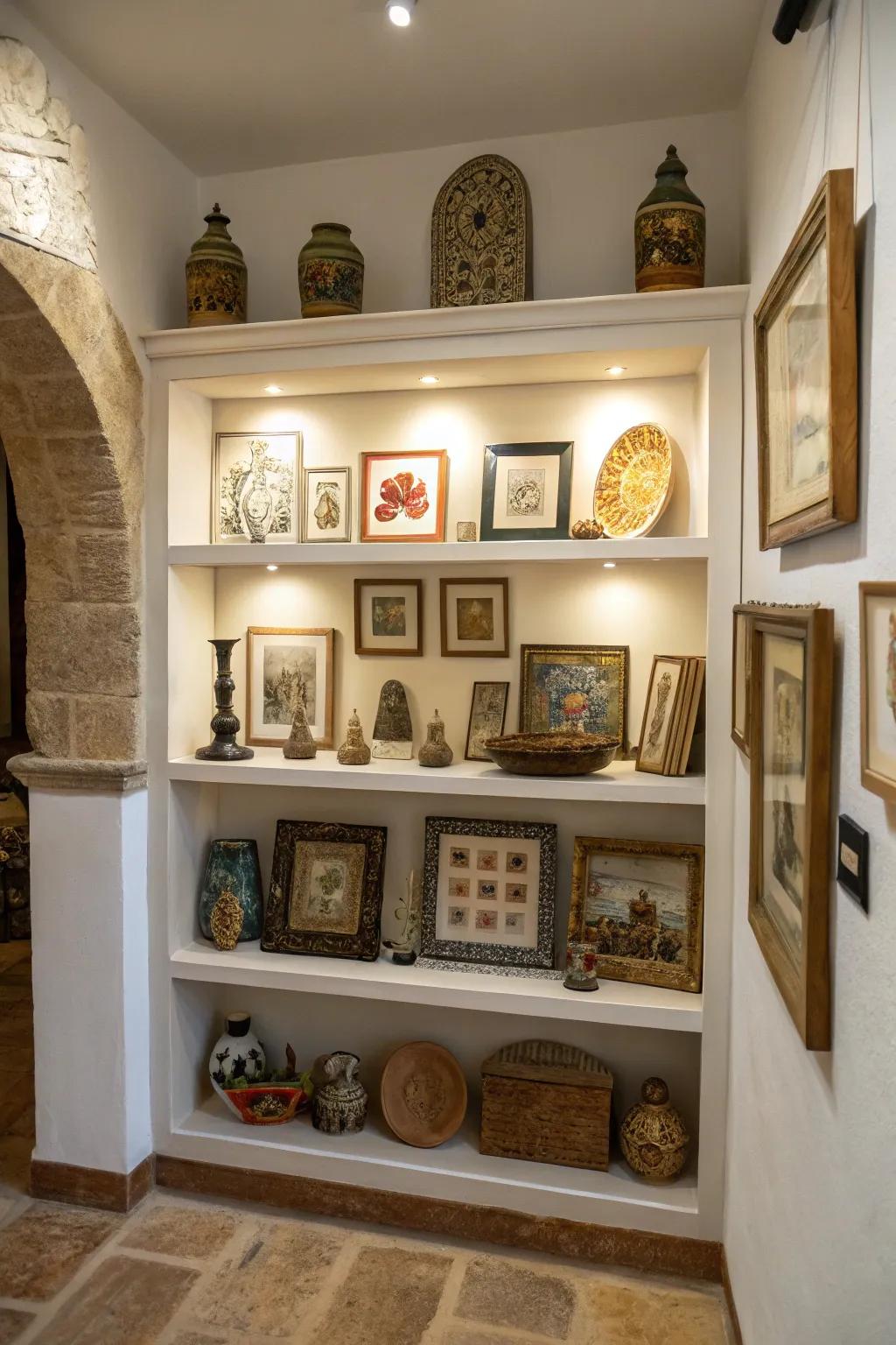A wall niche reformed into a miniature gallery with a collection of small artworks.