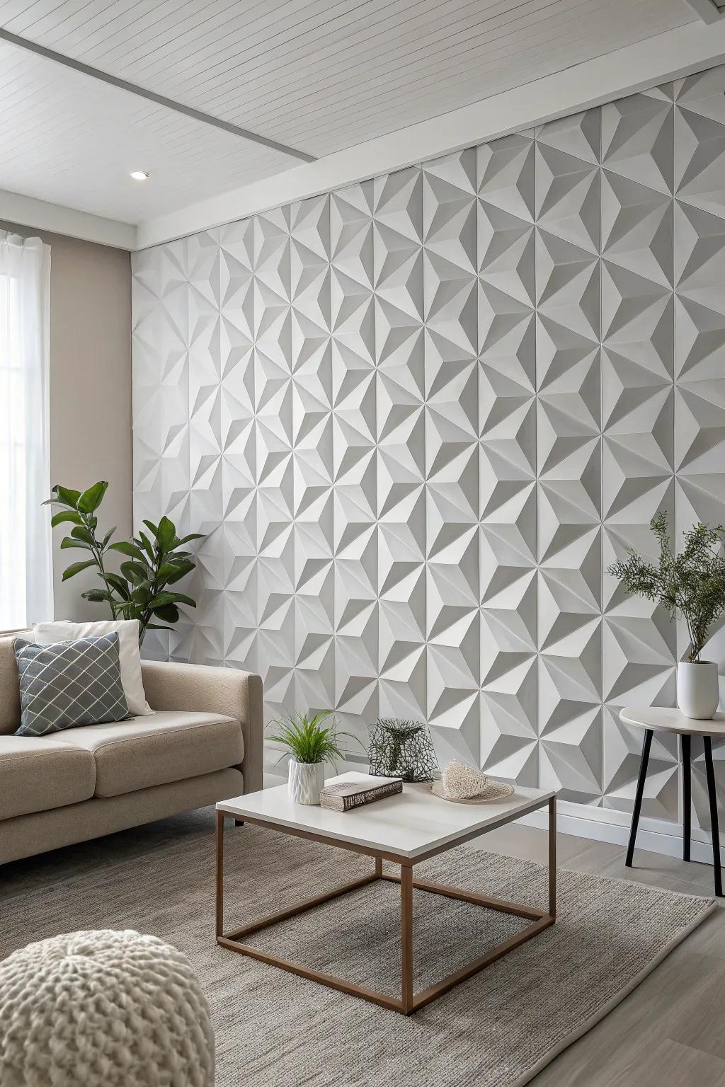 3D effect wall covering adds dimension to a minimalist room.