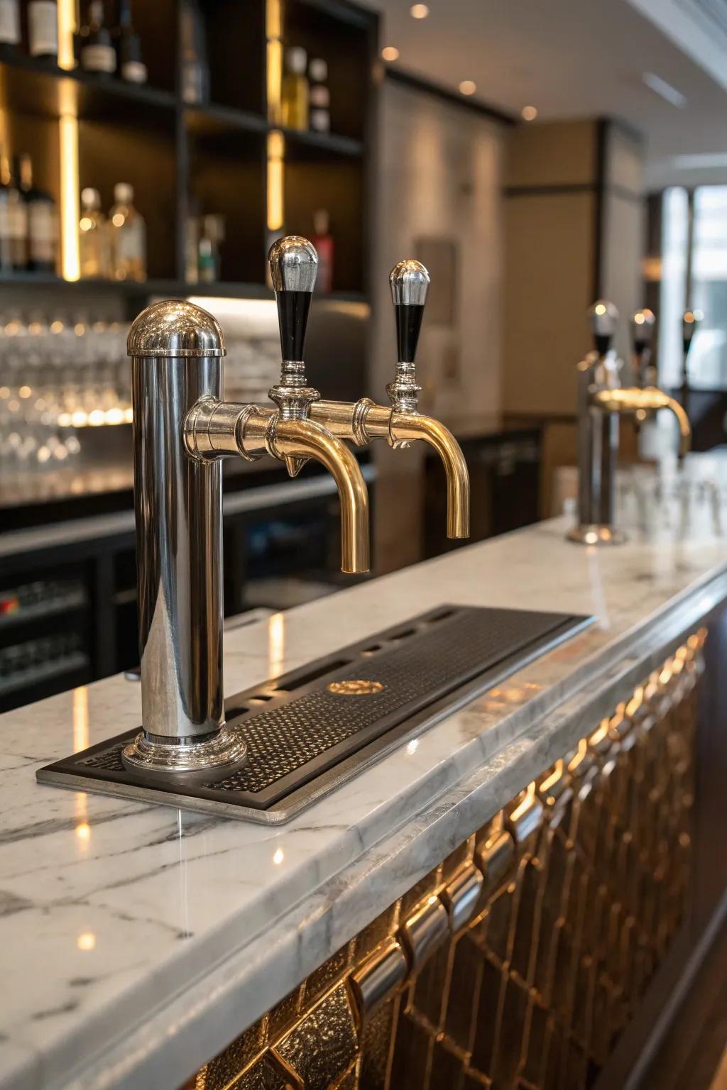 Metallic embellishments elevate the refinement of a contemporary wet bar.