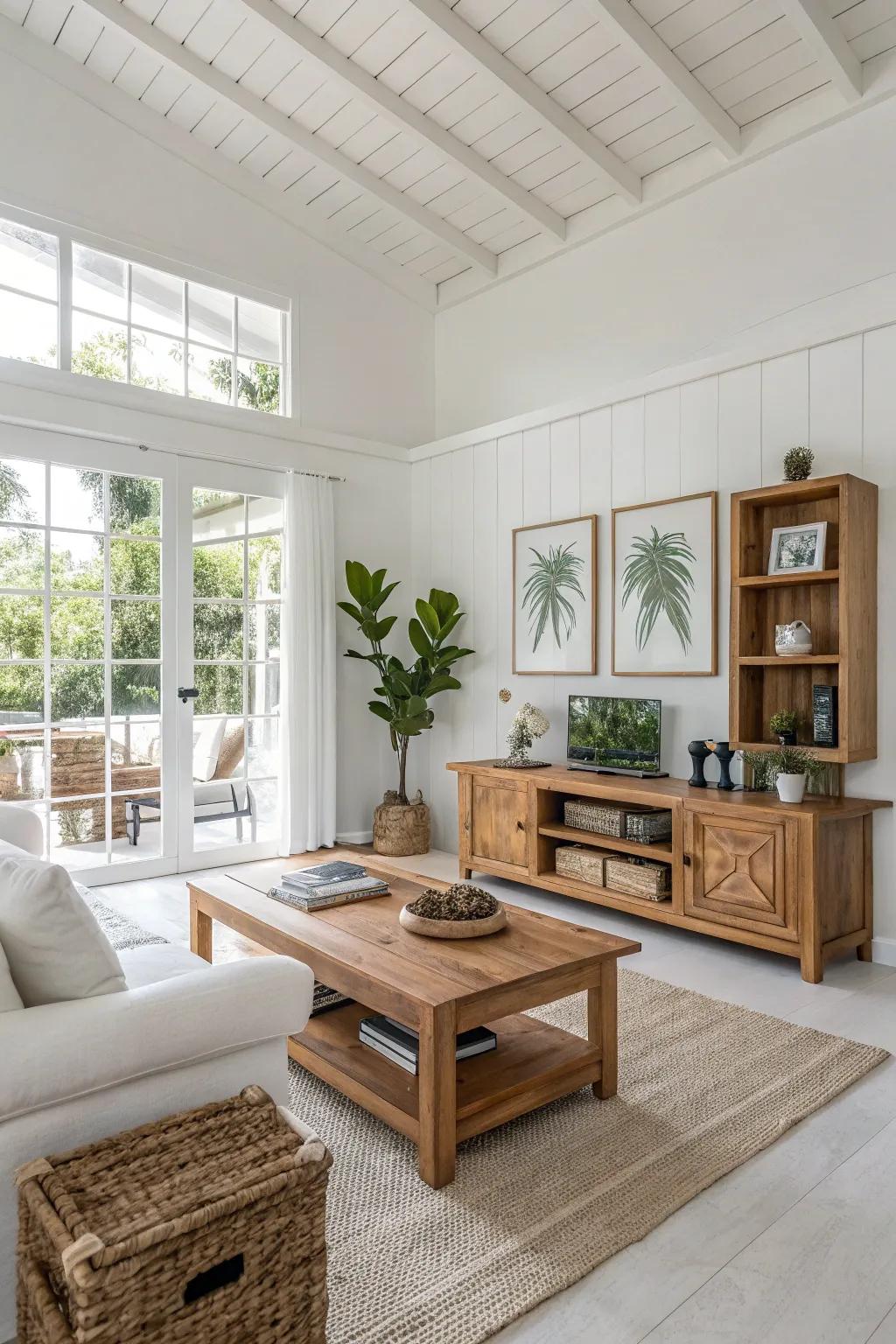 Timber accents bring warmth to a modern white living space.