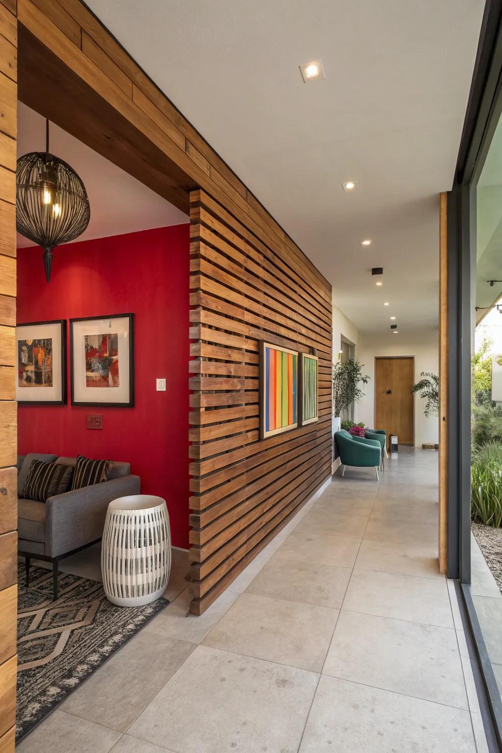 Make a bold statement by creating vibrant color contrasts on your wood slat wall.