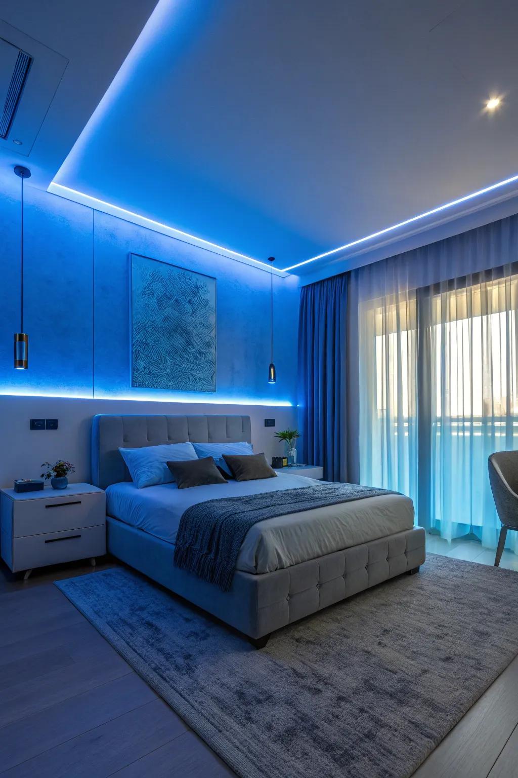 Cool blue tones for a serene bedroom atmosphere.
