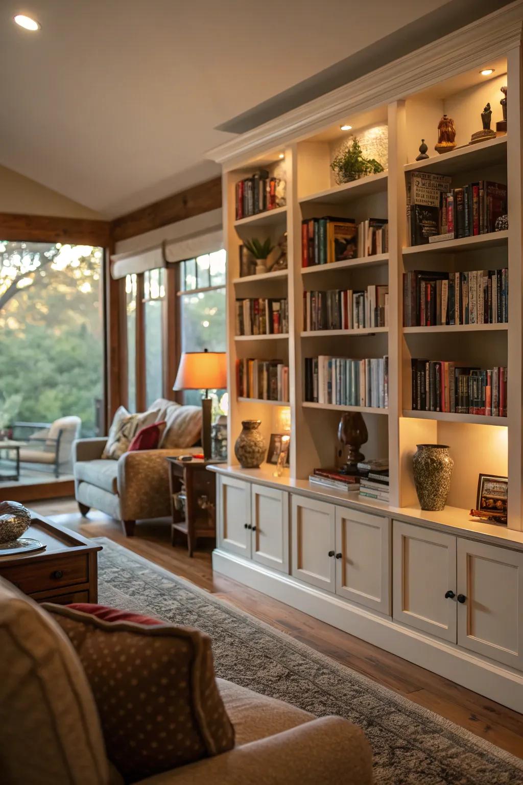 Built-in shelves adding character to a dimly lit living space.