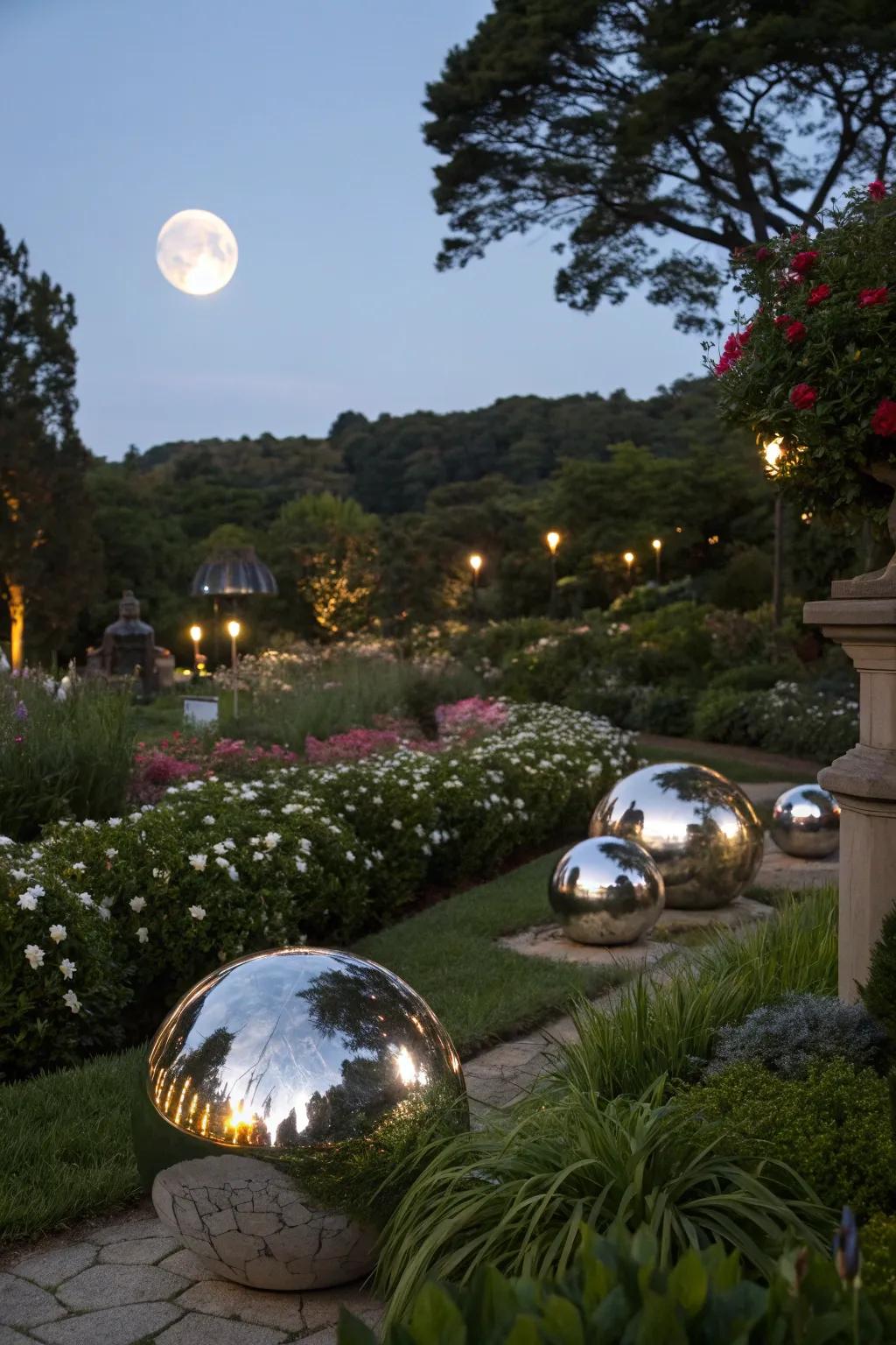 Reflective ornaments add a touch of whimsy and surprise.