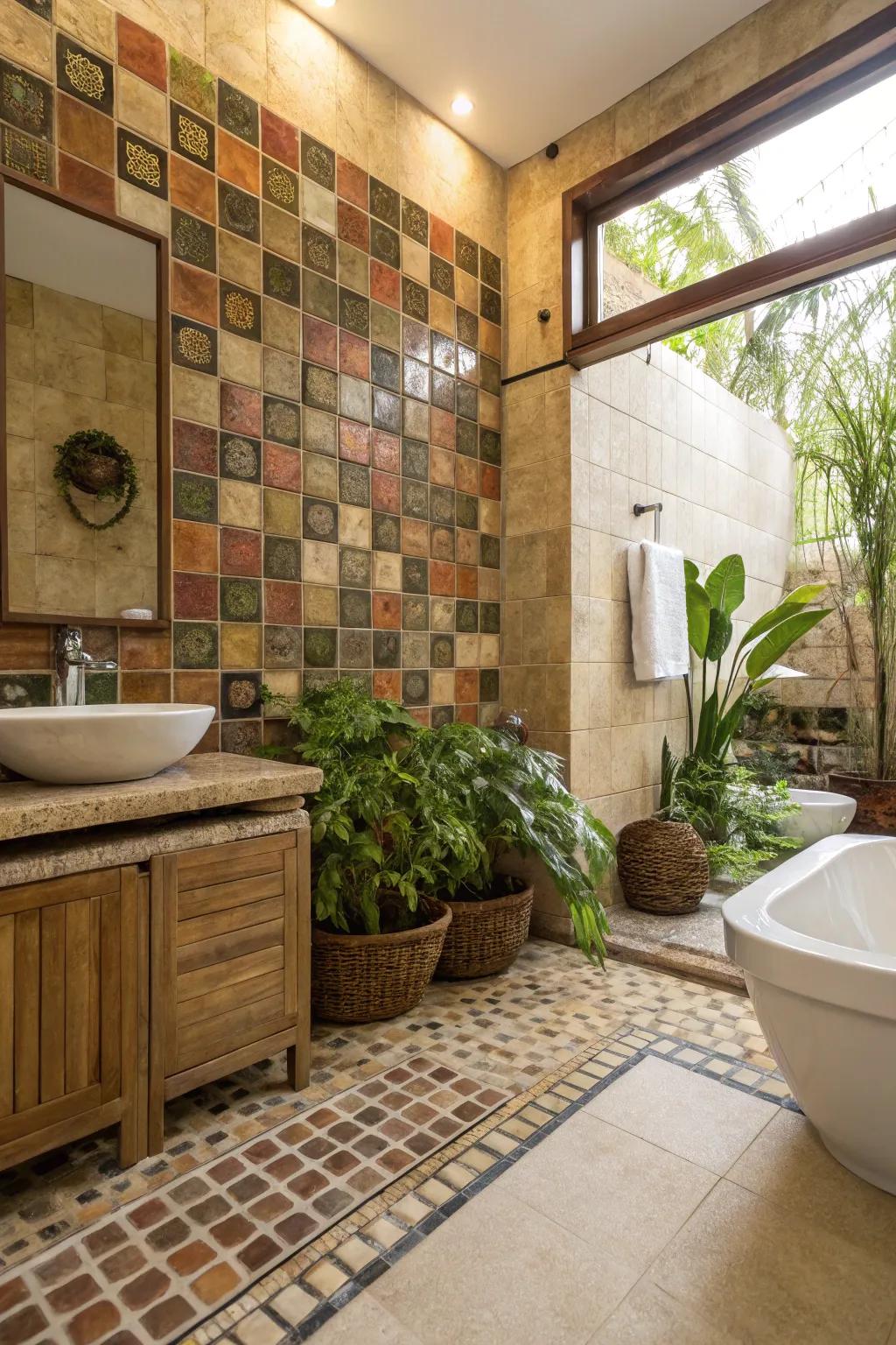An environmentally responsible bathroom showcasing sustainable mosaic tiles.