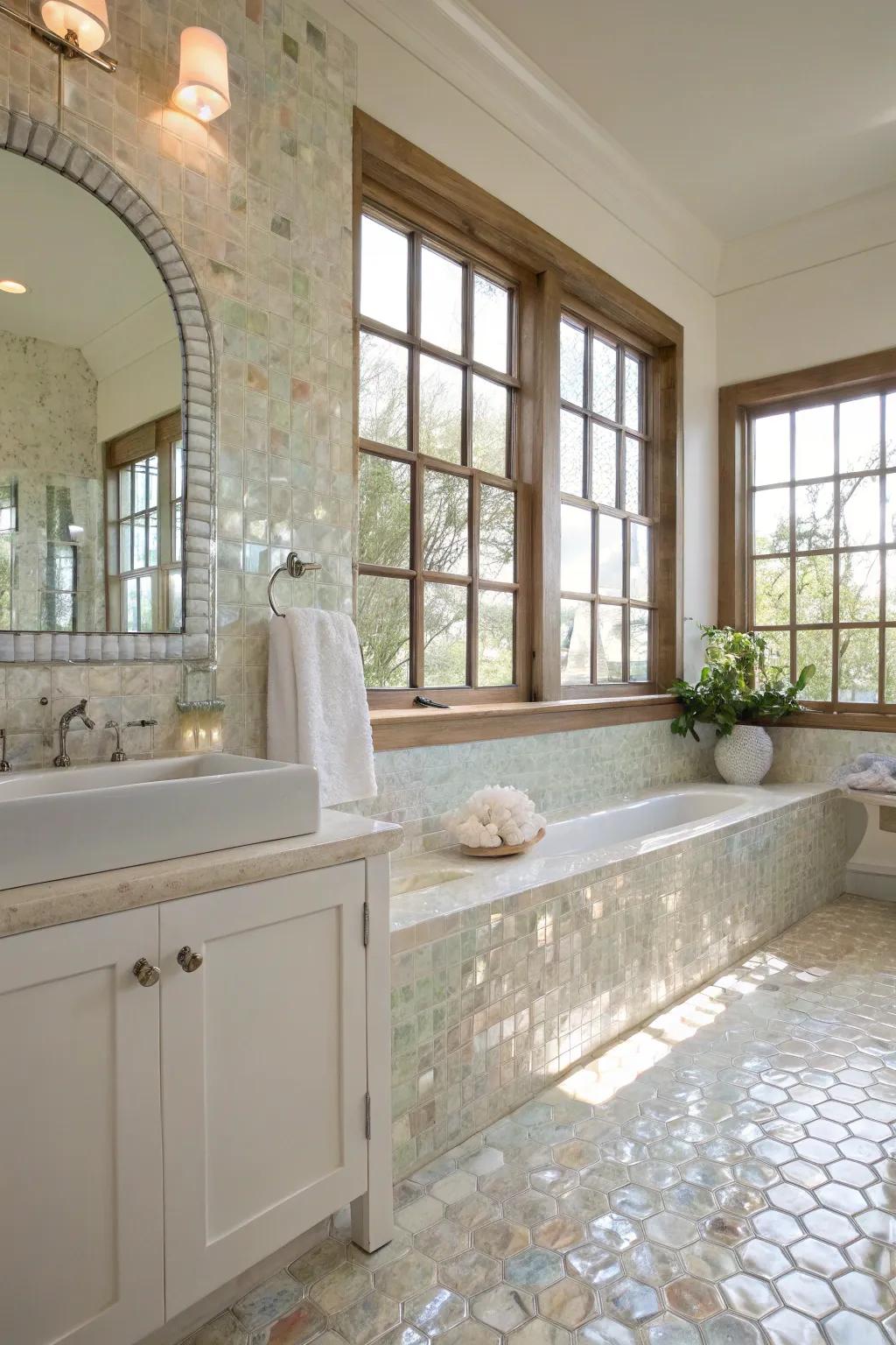 Sunlight enhances the iridescent quality of nacre tiles.