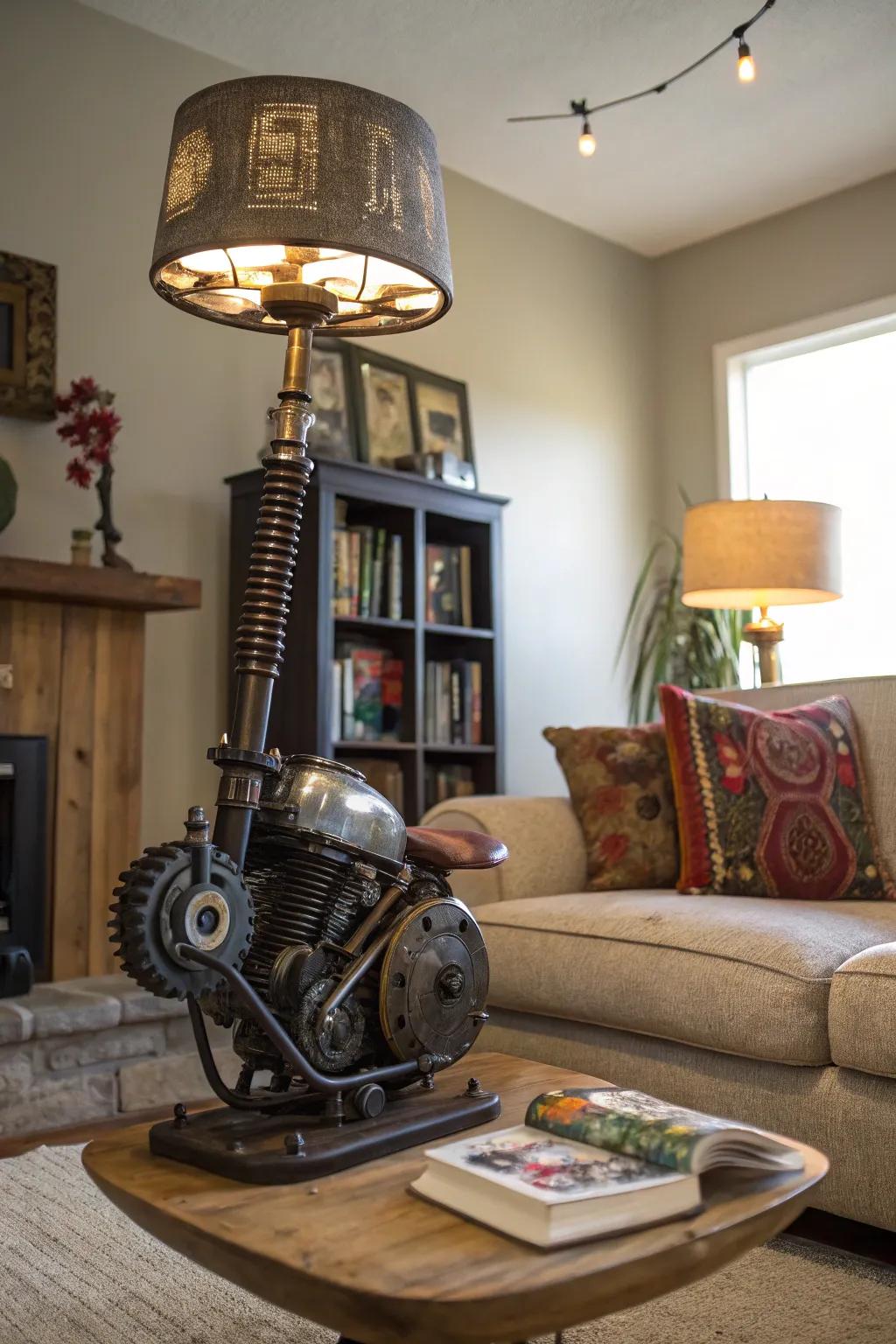 Recycled motorcycle pieces as resourceful decor.