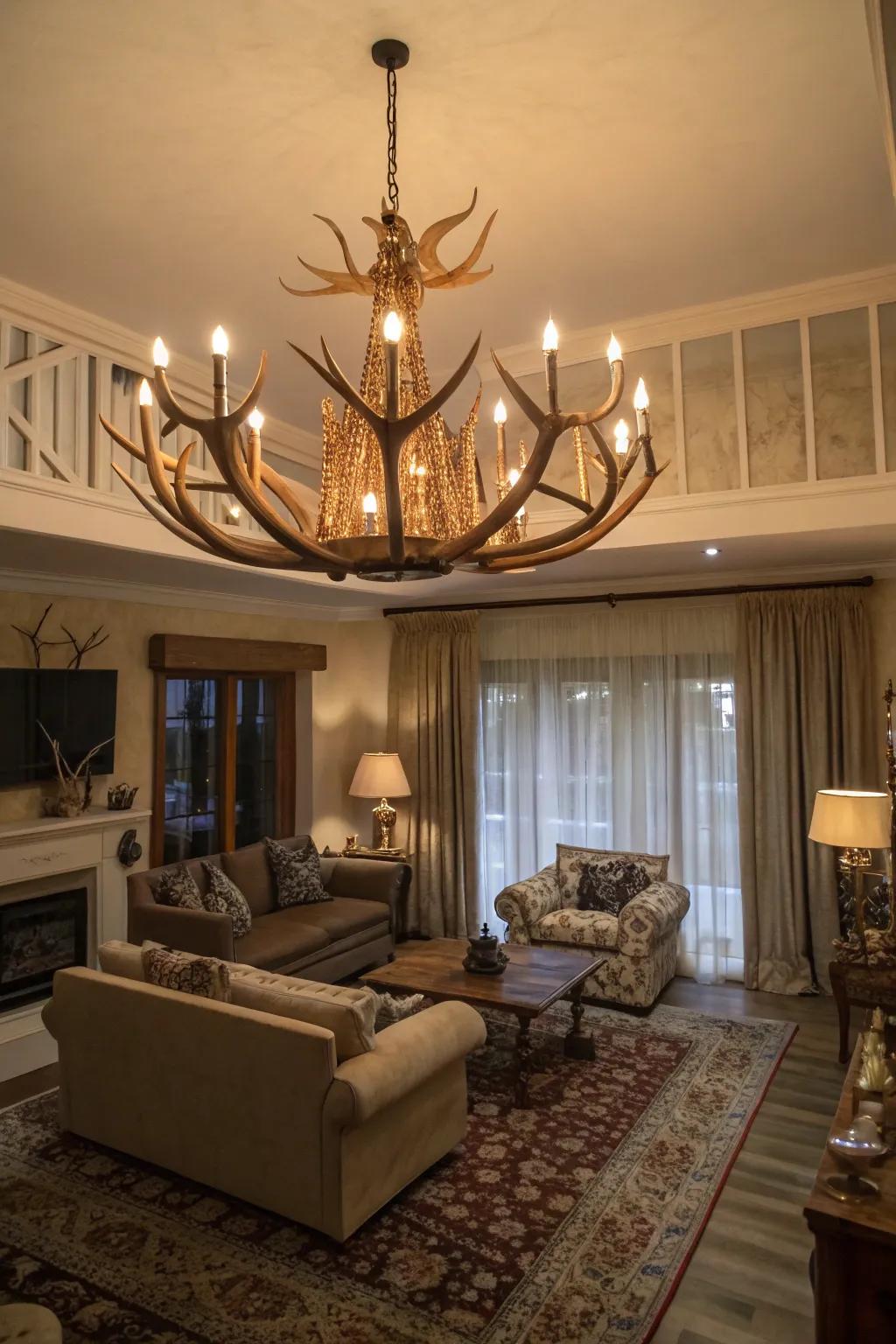 An antler light fixture adds rustic sophistication to the area.