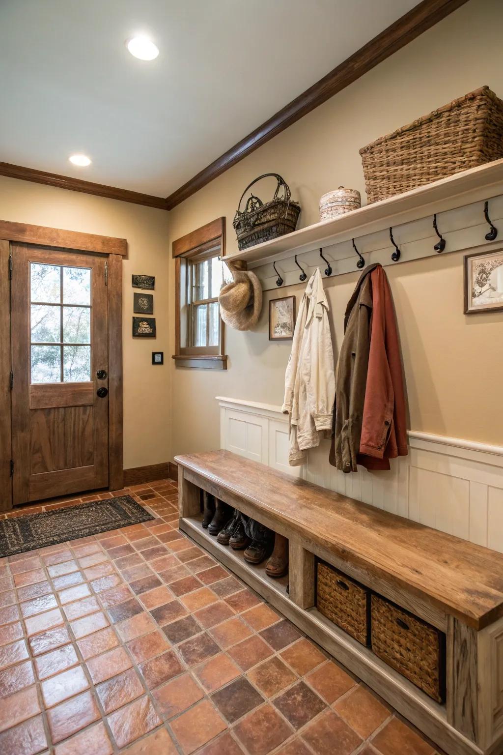 Create a serene mud room with earthy tones.